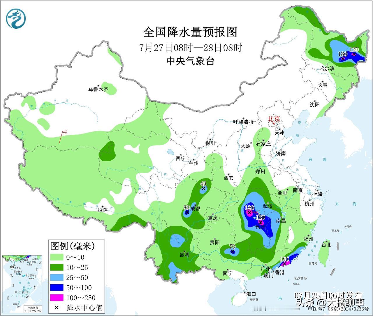 据中央气象台全国降水量预报图显示：7月25日夜间到7月28日，广东、江西、湖南 
