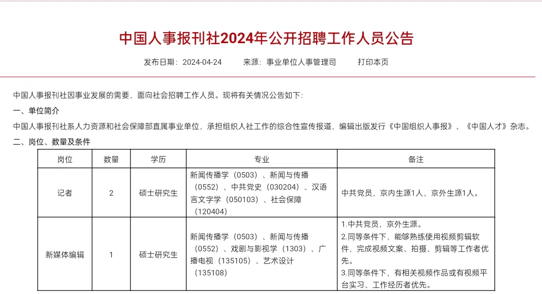 北京户口！中国人事报社招人啦！