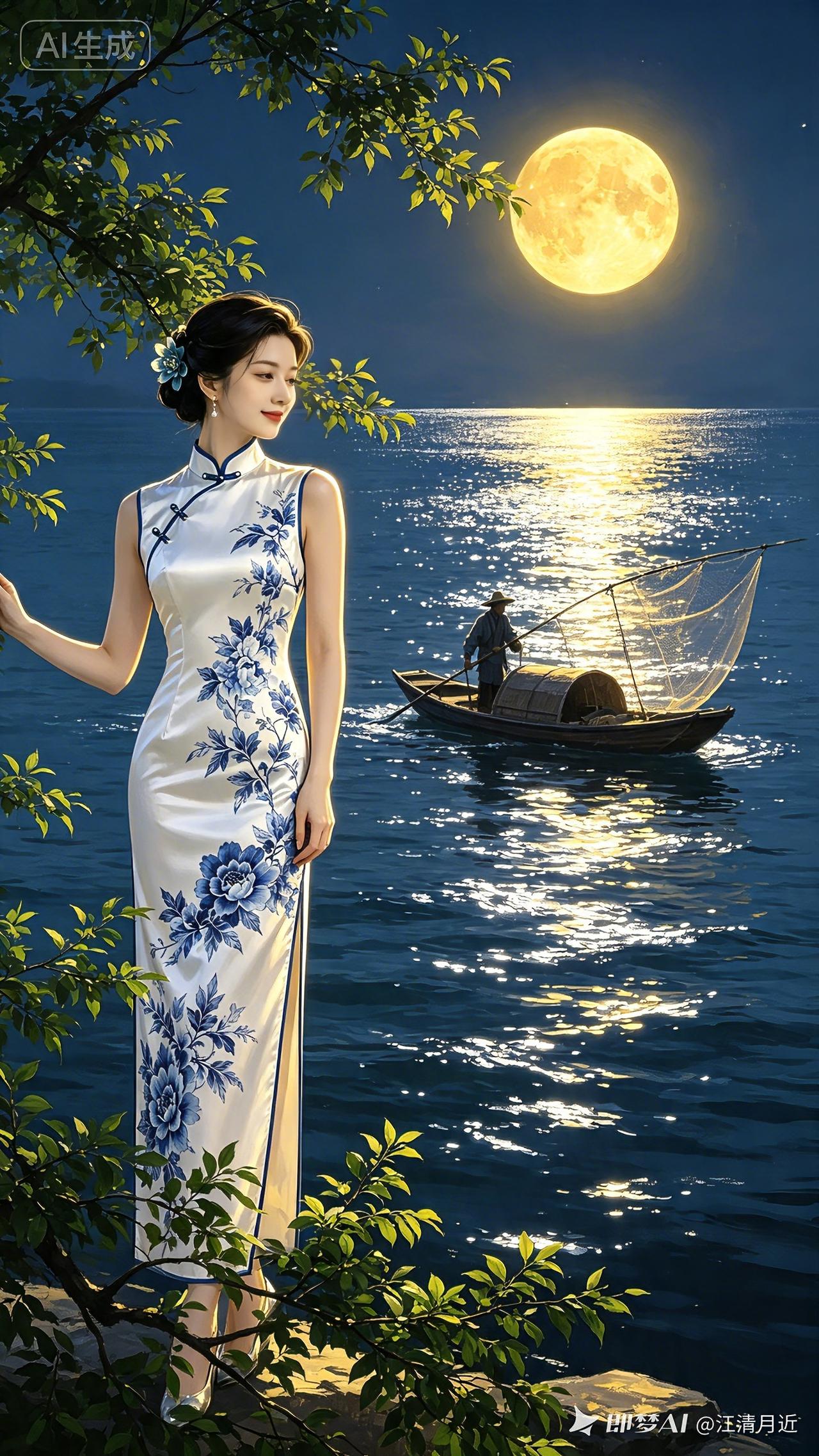 月夜青花旗袍
一树幽荫覆石矶，青花旗袍映月晖。
素衣浅染蓝芍药，云鬓轻簪翠玉薇。