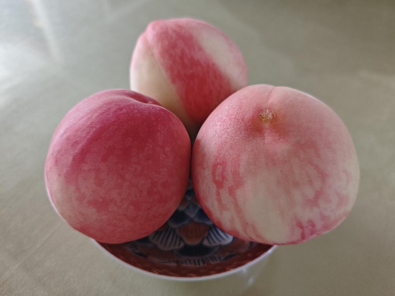 鲜桃一口

初夏的六月，清爽的早晨，老婆遛狗回来时买了几个新鲜的桃子，还告诉我“