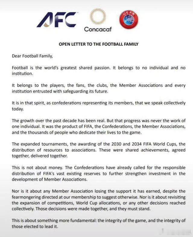 三大足联发布联合声明谴责FIFAFIFA并未承认FFE的根本性错误 
