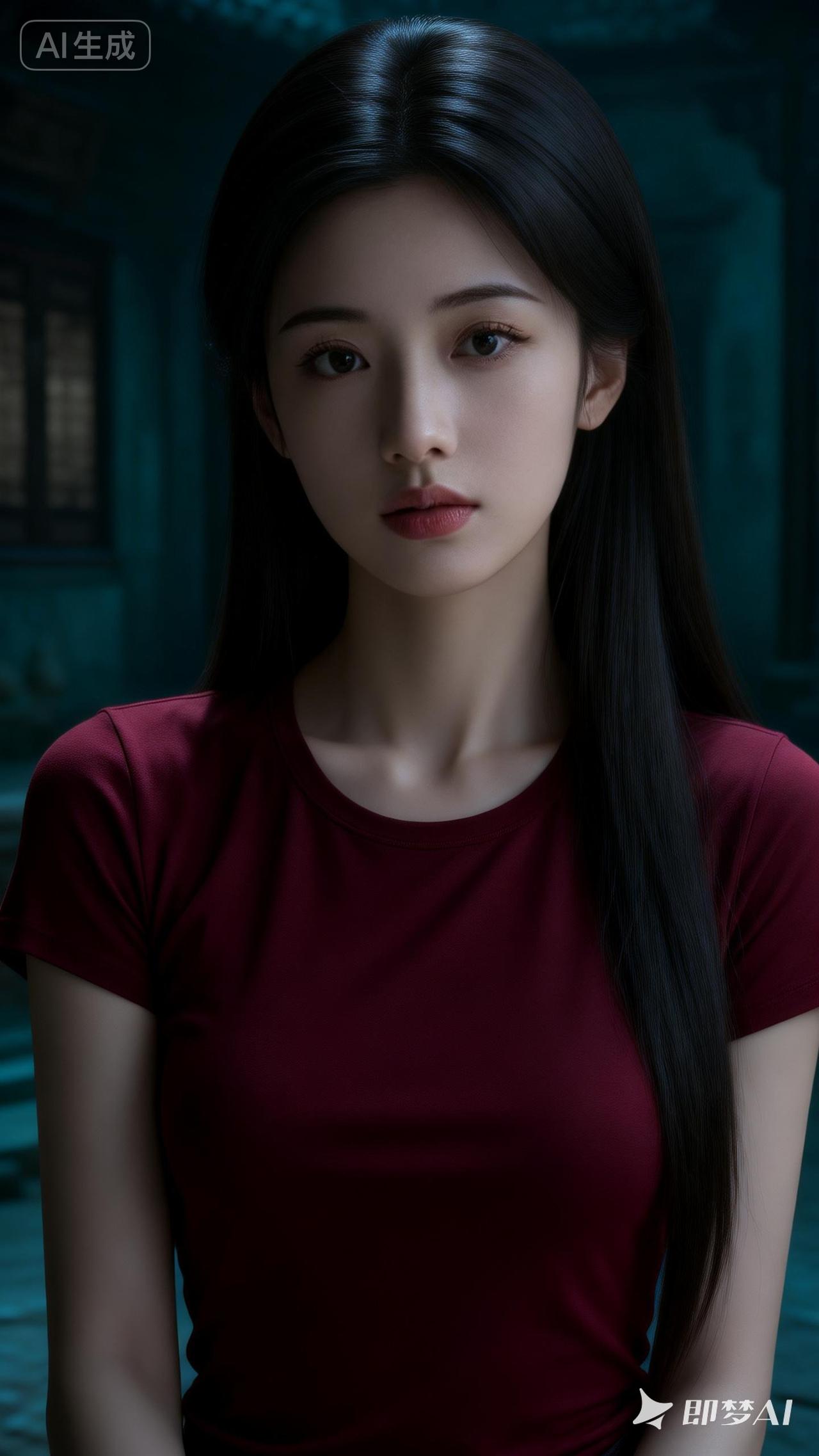 少女红衣，静谧夜晚，唯美动人。