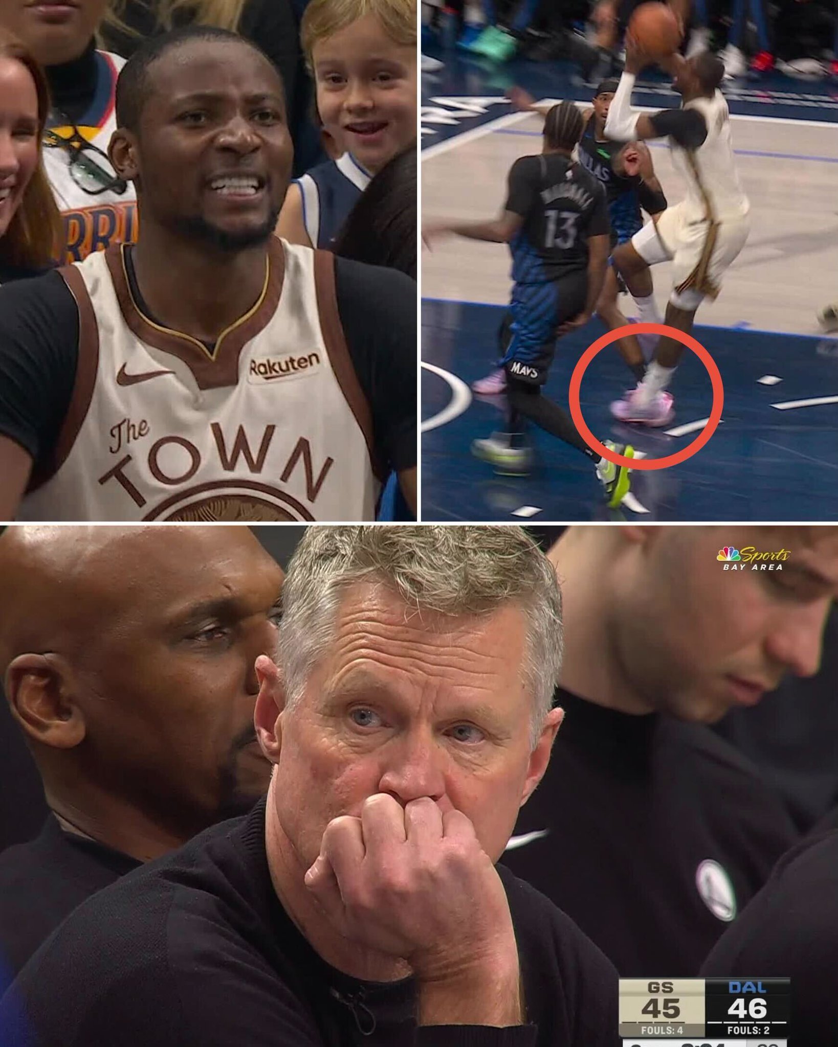 库明加左脚踩到防守人的脚上了，说他脆的人省省吧勇士vs独行侠