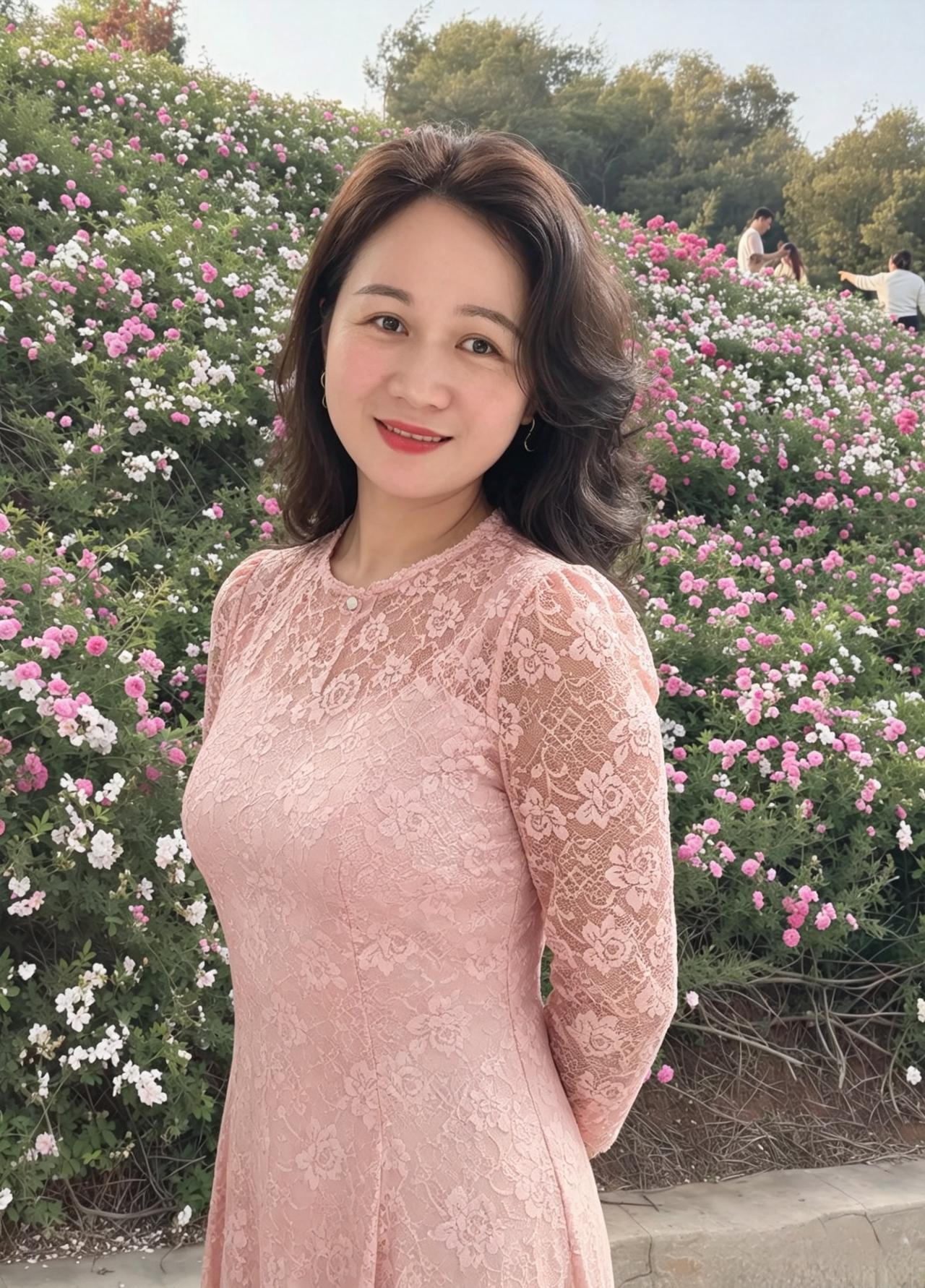 粉袂轻笼玉骨柔，
蕾丝暗织海棠羞。
嫣然一笑春风里，
胜却人间万紫流。