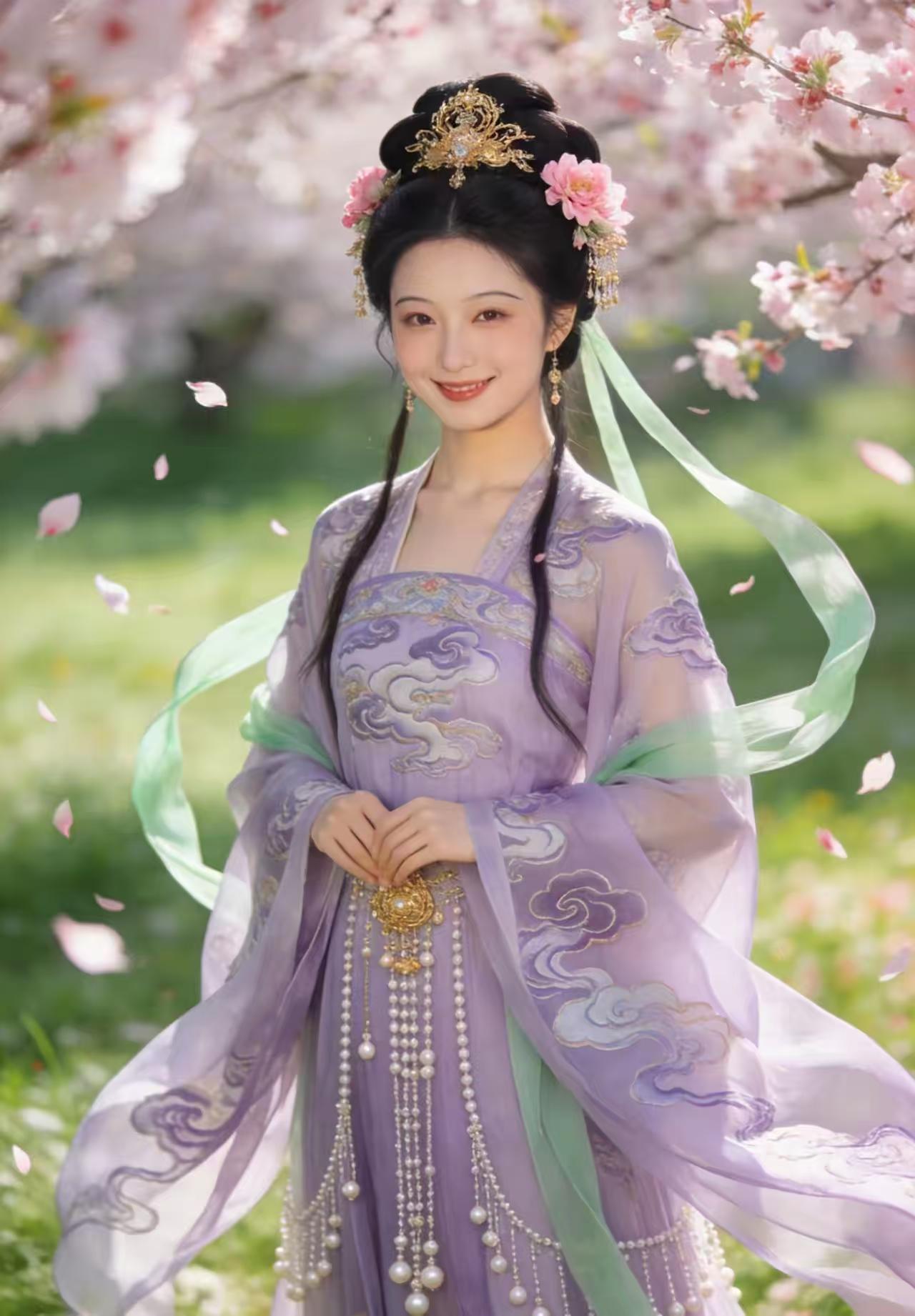 山坡羊·春日佳人
清风轻漫，
桃花娇绽，
枝头粉蕊如星乱。
草茵绵，日光鲜。
紫