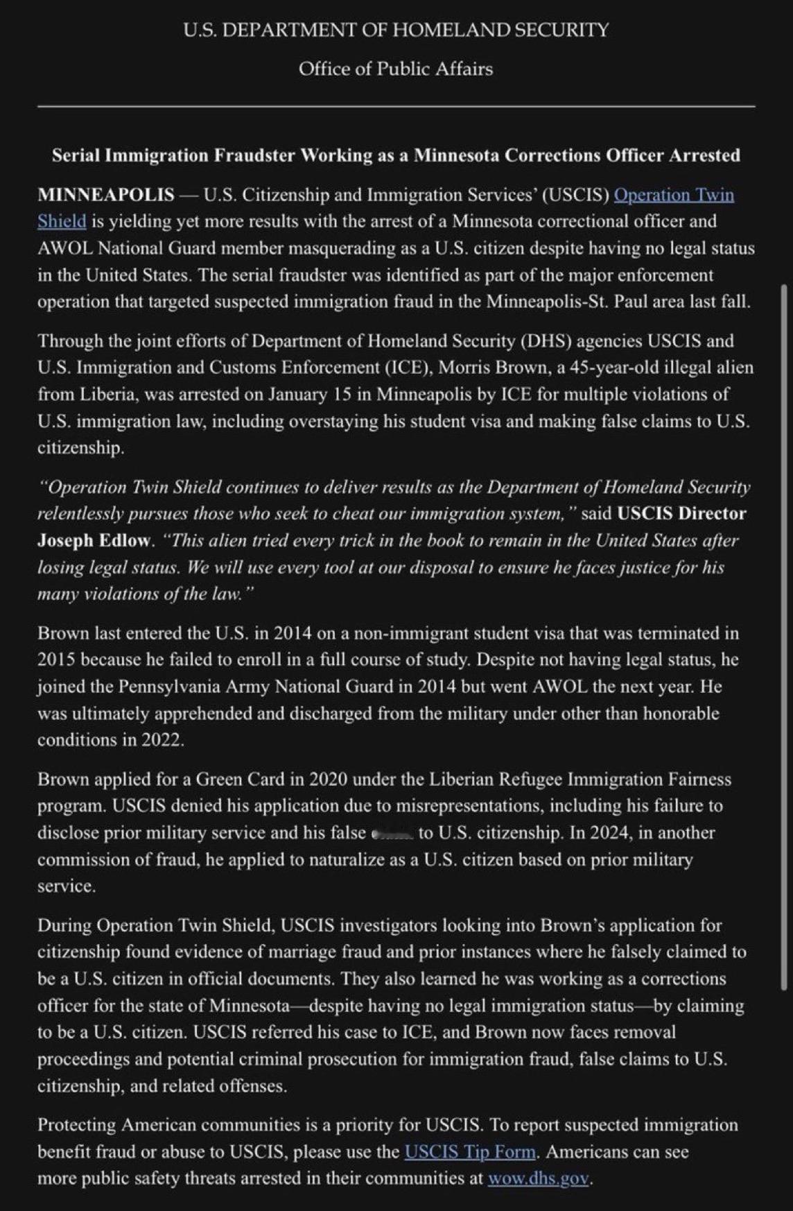 美国国土安全部DHS宣布，美国移民及海关执法局ICE逮捕了一名利比里亚籍非法移民