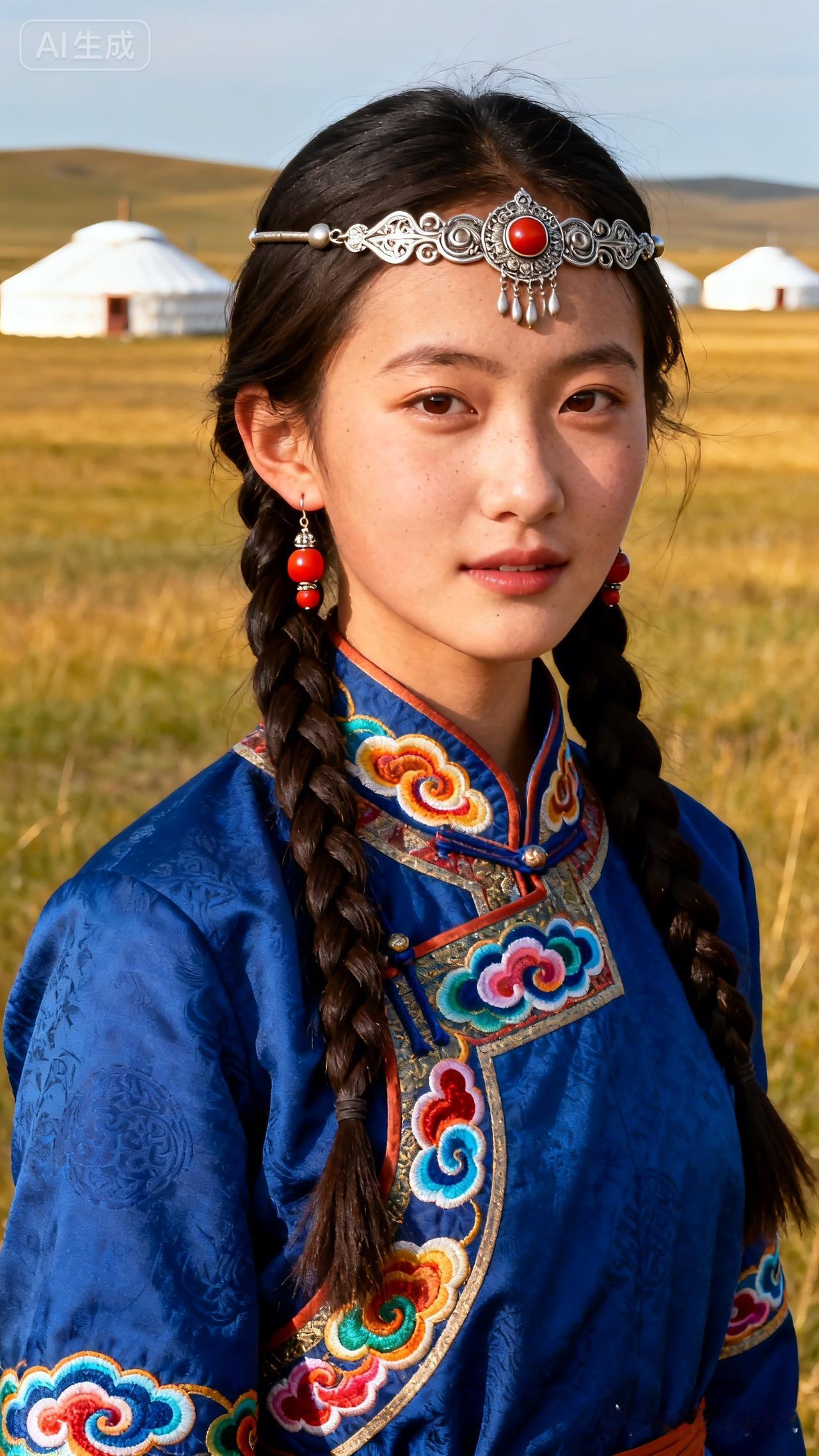 草原上的少女，头戴银饰，耳挂红珠，身着蓝衣，美不胜收！