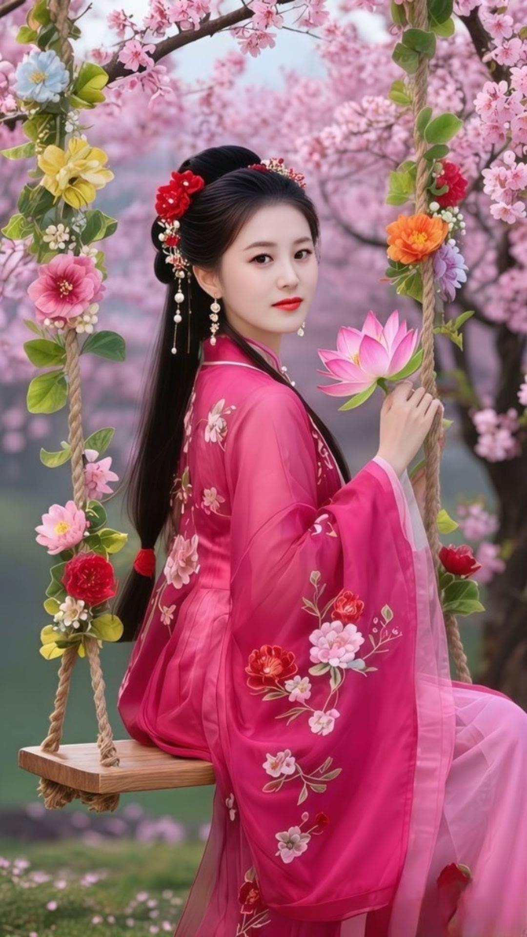 樱花树下，粉衣美人手持莲花，古风韵味十足。
