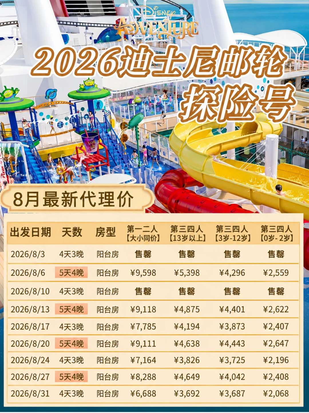 迪士尼探险号8-12月阳台房价格表！亲子更香