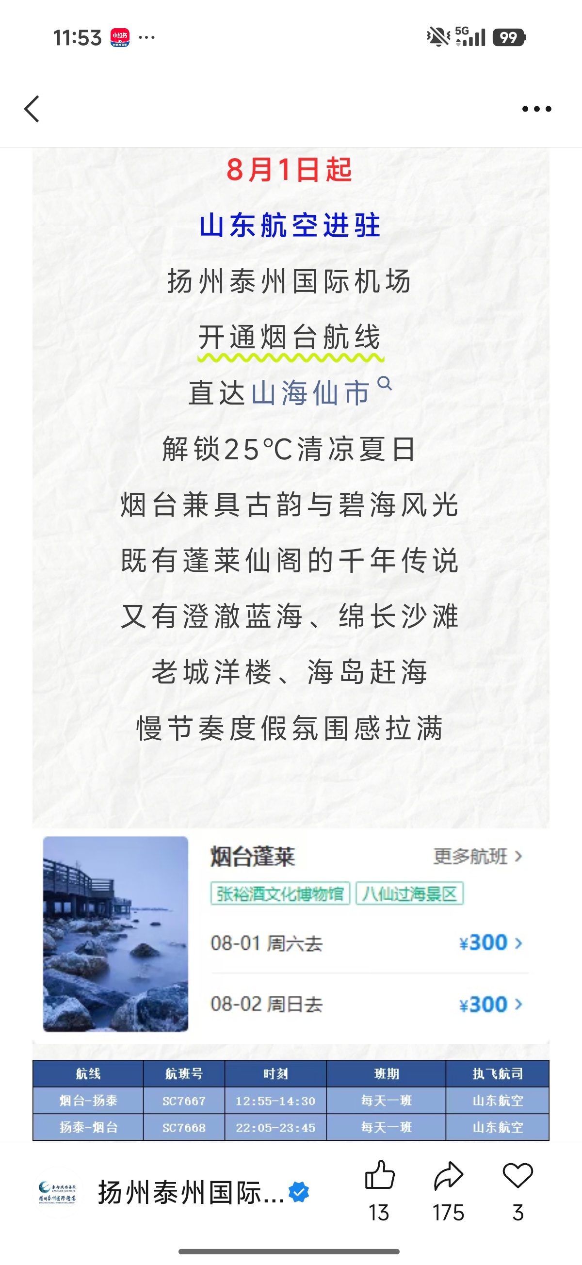 扬泰可以飞烟台了，可以过去看海豹了，想了好久了 