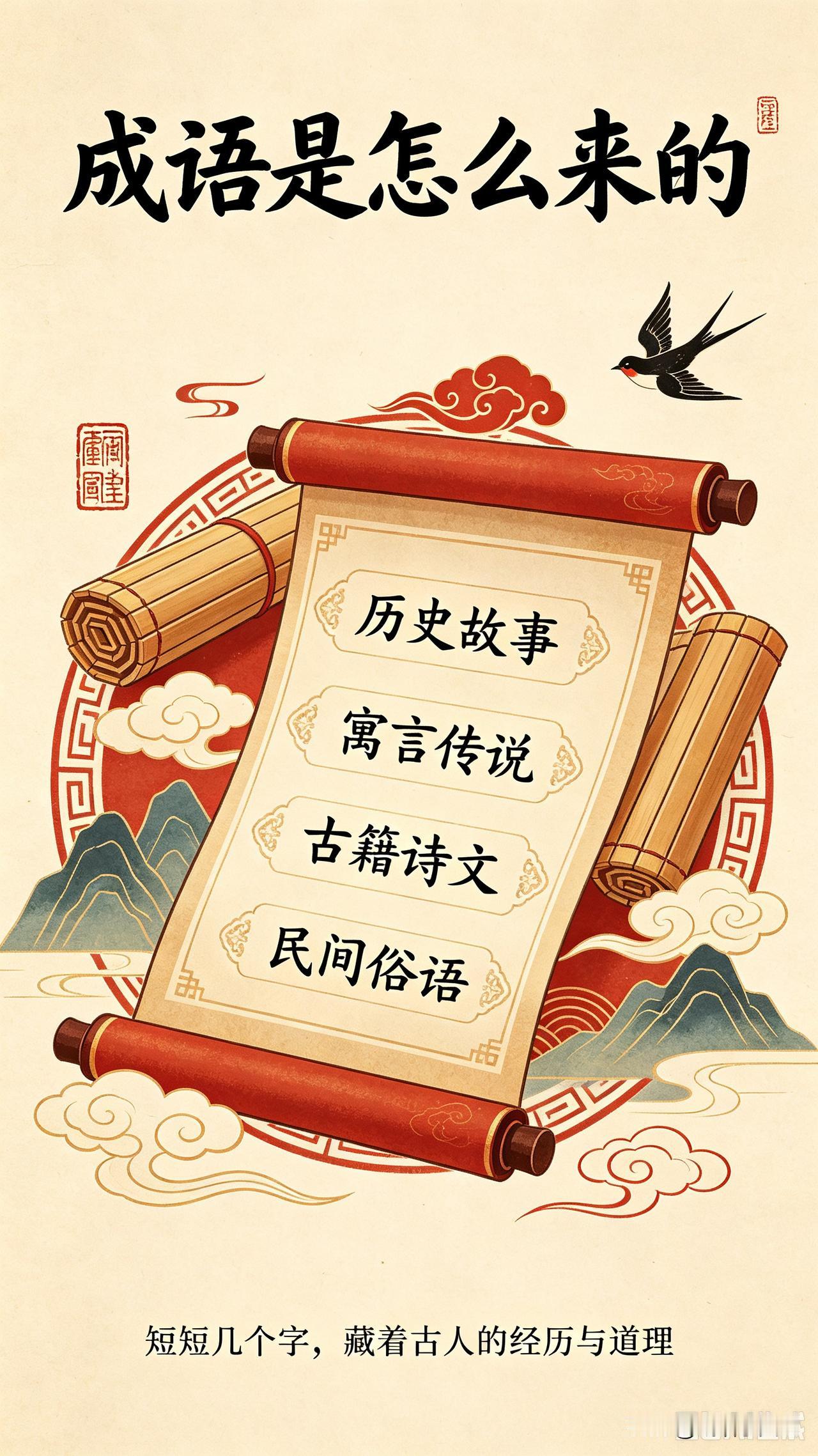 成语是怎么来的？
 
我们日常使用的成语，并不是凭空编造出来的。
 
一部分出自