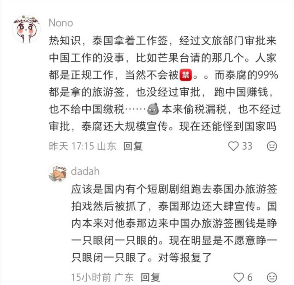 泰腐被禁的原因，他们拿的是旅游签，赚的钱不交税但根本原因是之前我们的短剧剧组在泰