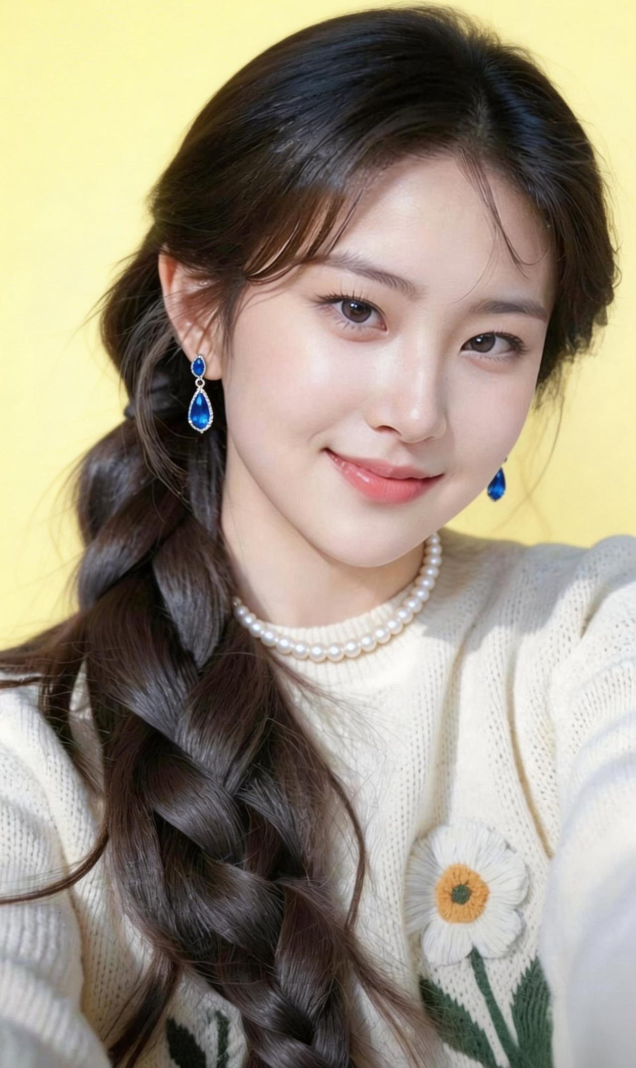 甜美少女风，珍珠项链与蓝色耳环的完美搭配，清新自然。