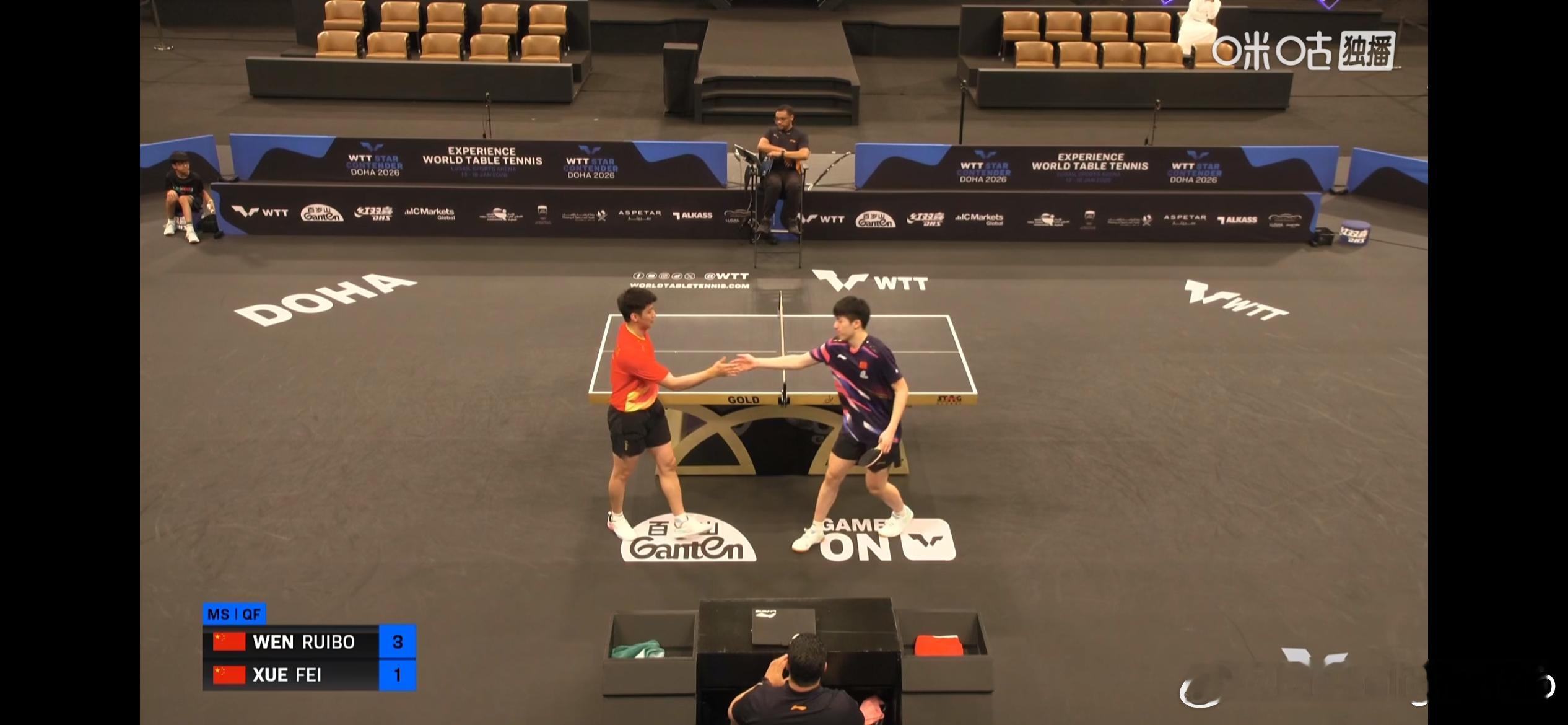 WTT球星挑战赛多哈站2026 男单1/4决赛：🇨🇳温瑞博3比1薛飞🇨🇳