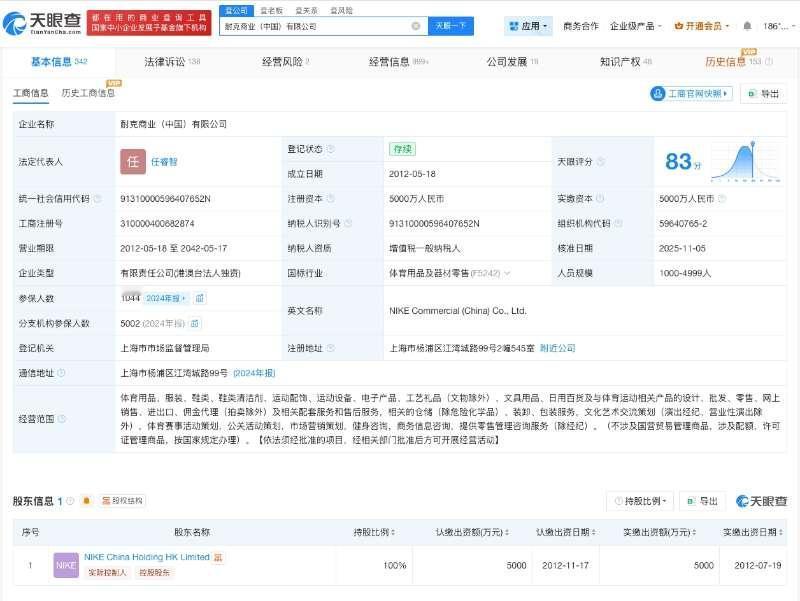 【耐克中国数十家分支机构注销 耐克中国涉多起纠纷】耐克连续七季度营收负增长
据媒