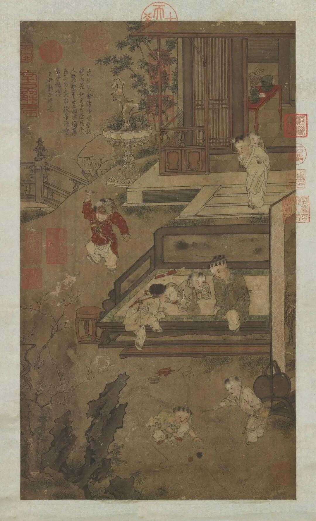 北宋 苏汉臣《婴戏图轴》。图绘春日庭院，胡床屏风，三位婴儿据床观赏瓶中游鱼，两位