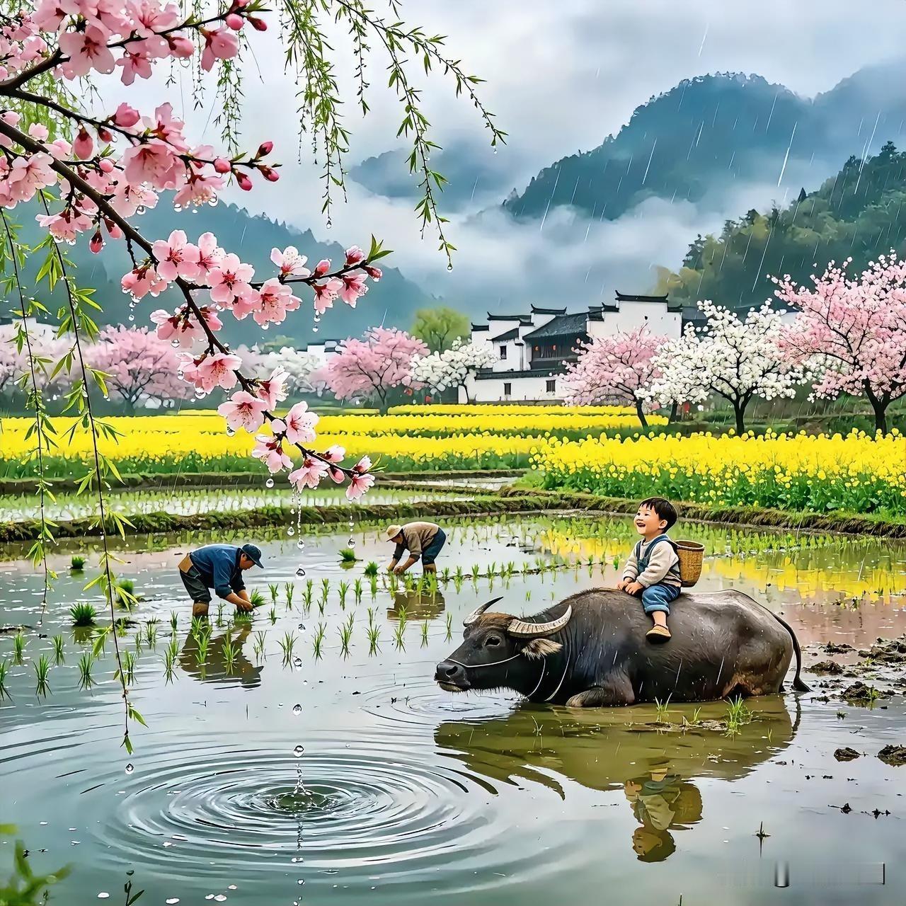 田园风光美如画，牛背小孩乐陶陶。田间童趣照 梯田小黄牛 放牛童趣