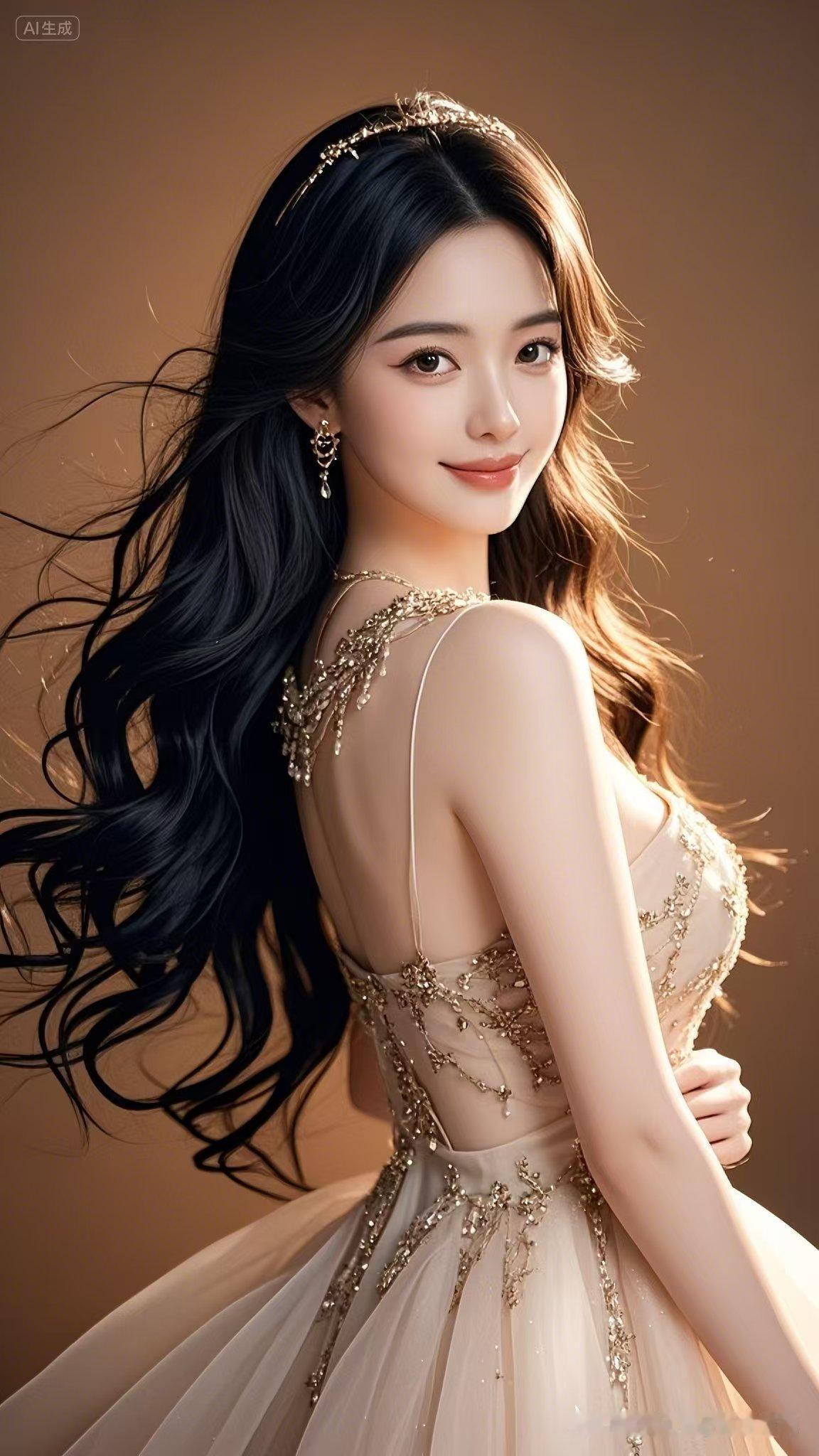 星光落入黑长发，流金礼服衬得你贵气又灵动。回头一笑，仿佛把整个春天的温柔都藏进了