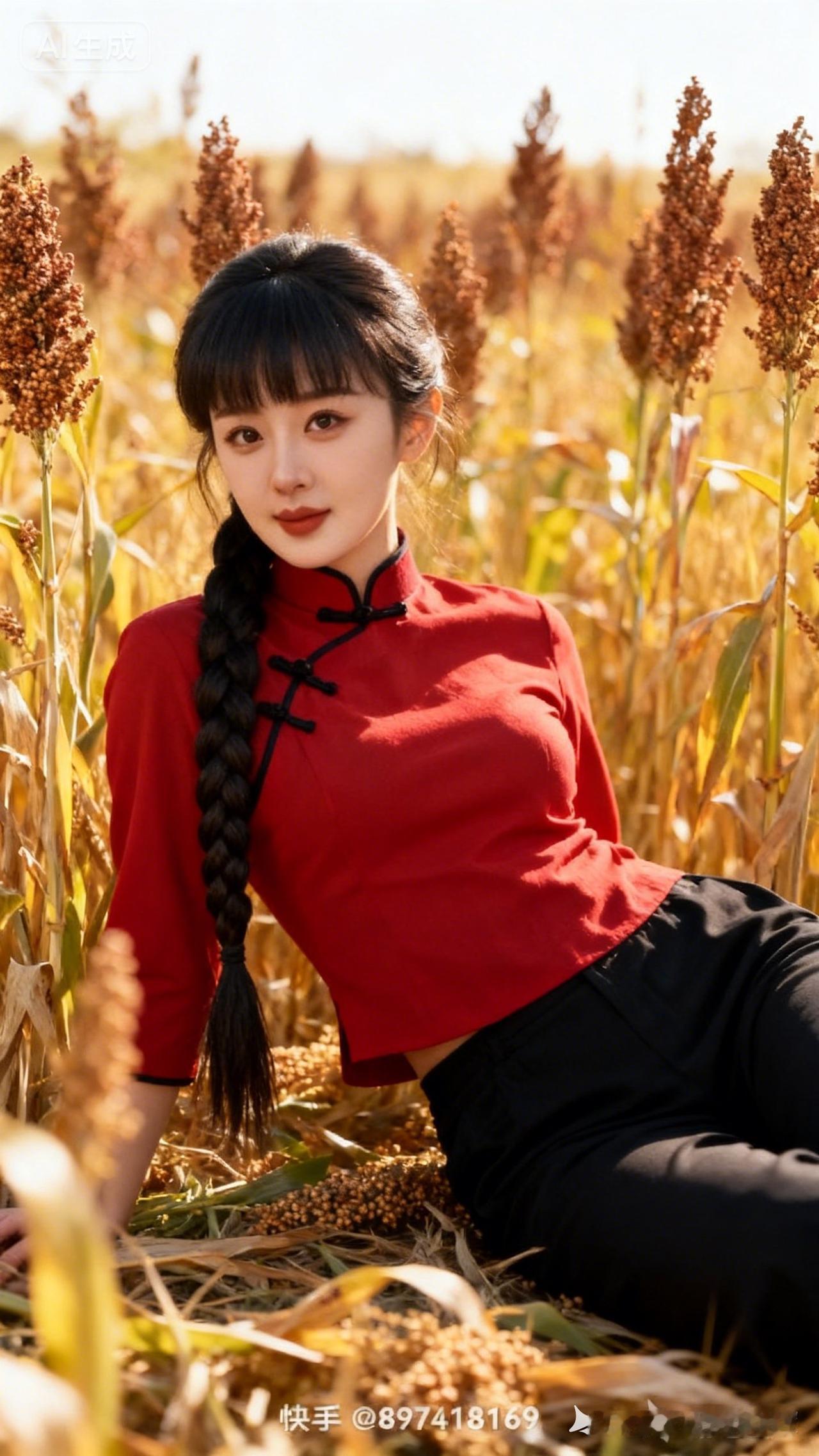 秋日田野中的红衣少女，金色的麦浪中绽放出别样的美丽。