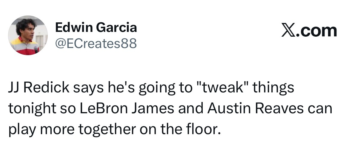 雷迪克表示，他今晚将对阵容进行“调整”，以便詹姆斯和里夫斯能够在场上更多地一起上