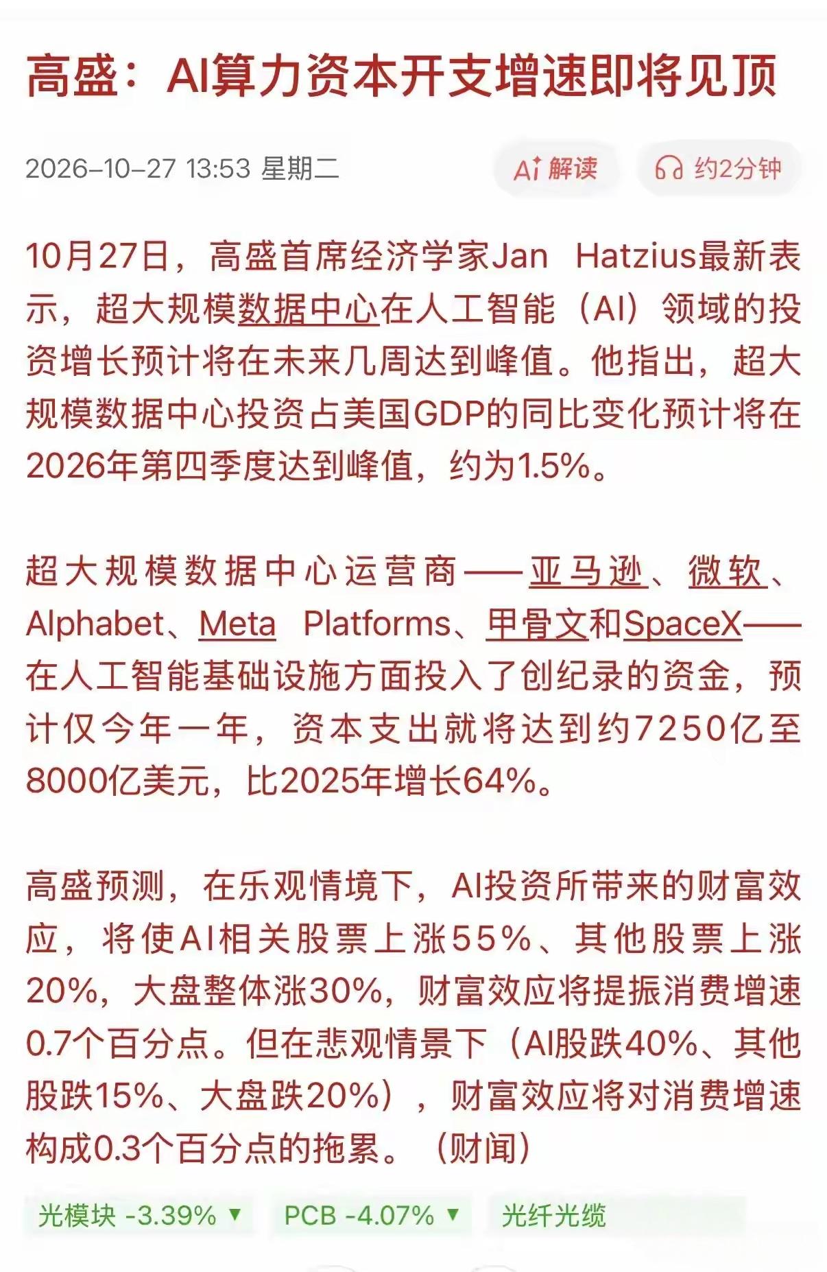 高盛说AI算力资本开支增速即将见顶，这一言论发表，直接把市场都给吓退了，今天A股