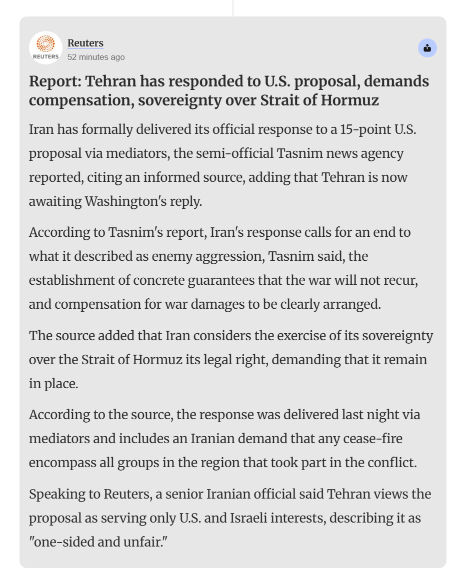 🔻路透社：半官方的塔斯尼姆通讯社援引知情人士消息报道称，伊朗已通过调解人正式向