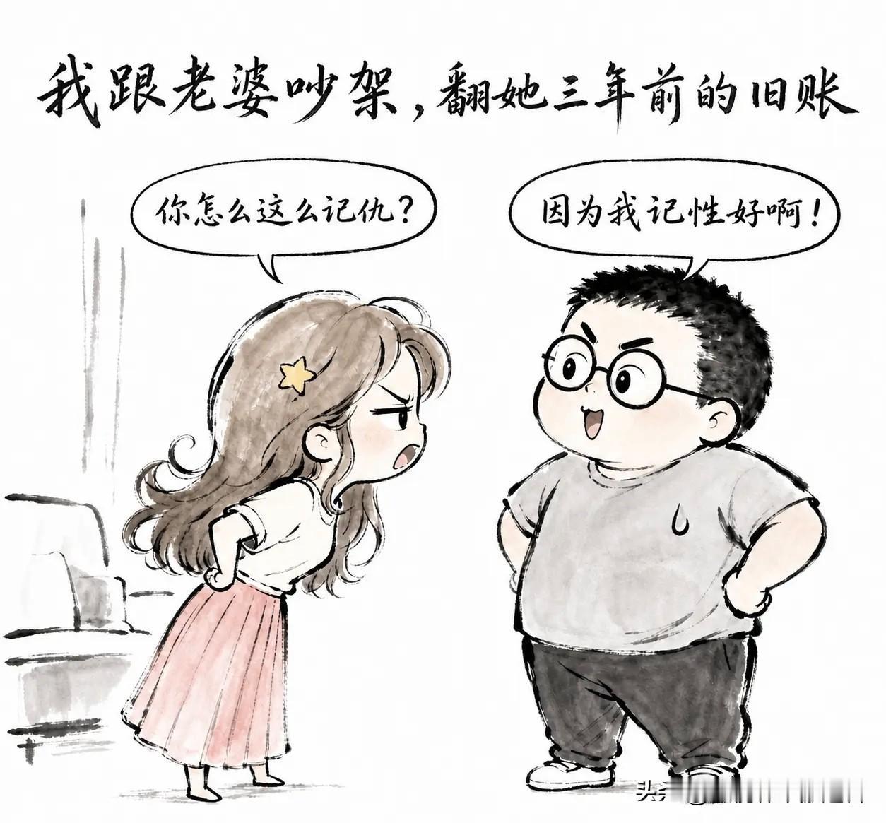 推荐有趣的漫画：我跟老婆吵架，翻她三年前的旧账。老婆瞪我：你怎么这么记仇？我得意