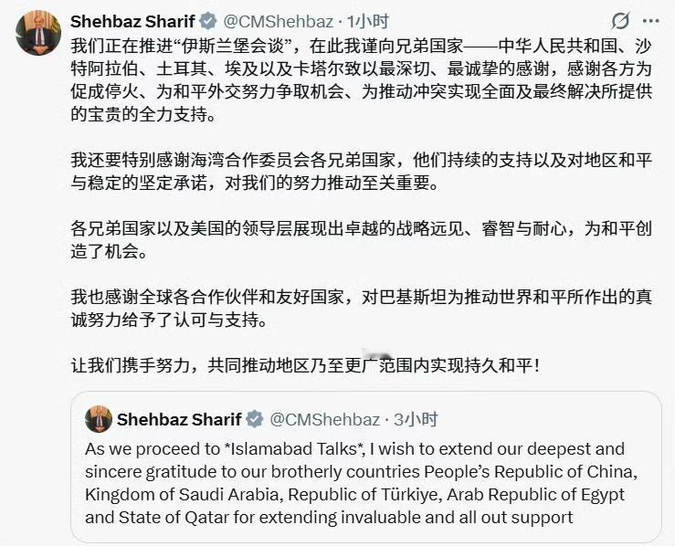 巴基斯坦总理谢里夫感谢中国等国促成停火，把中国排在了第一个，还专门用中文发了一遍