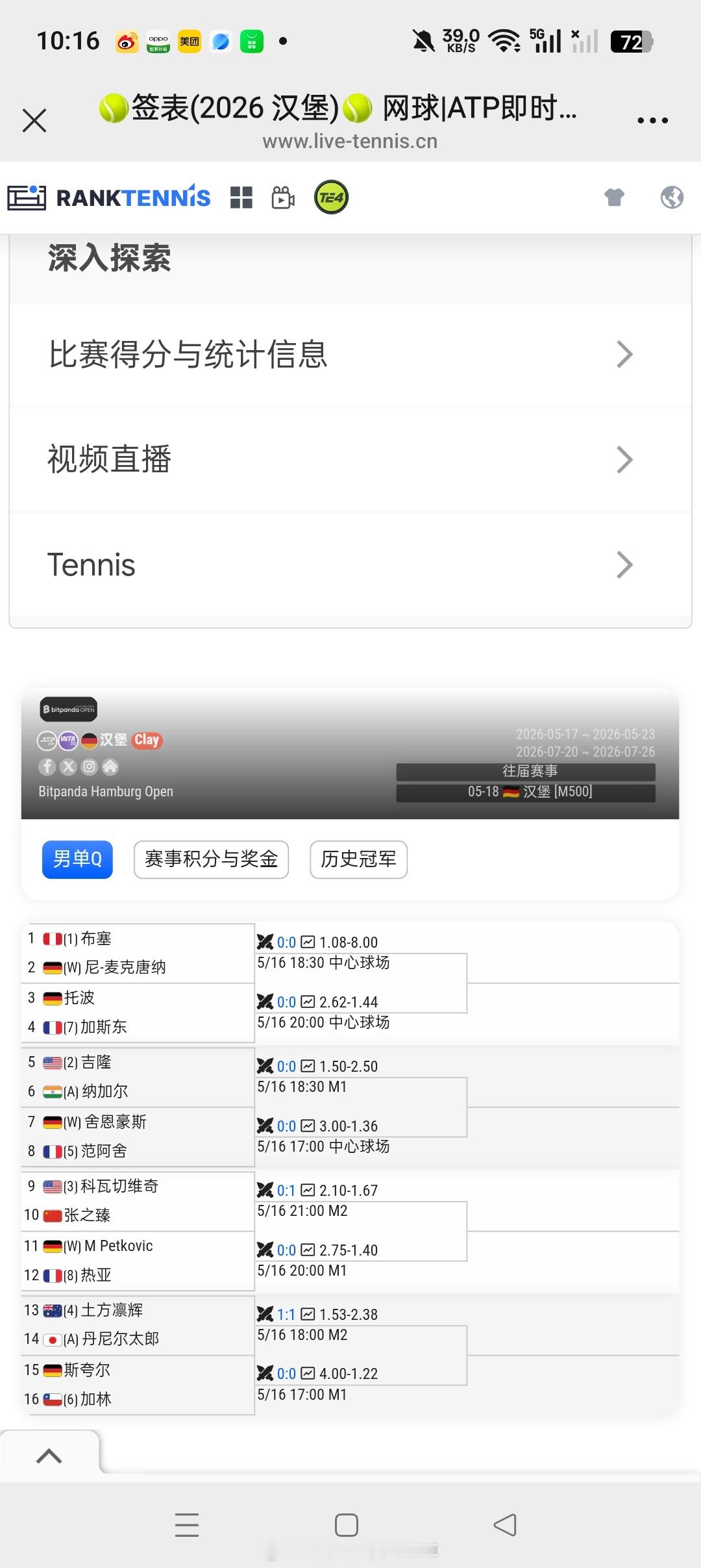 小花小草资讯 【🟠ATP500汉堡】男单资格赛签表🇨🇳张之臻vs【3】🇺