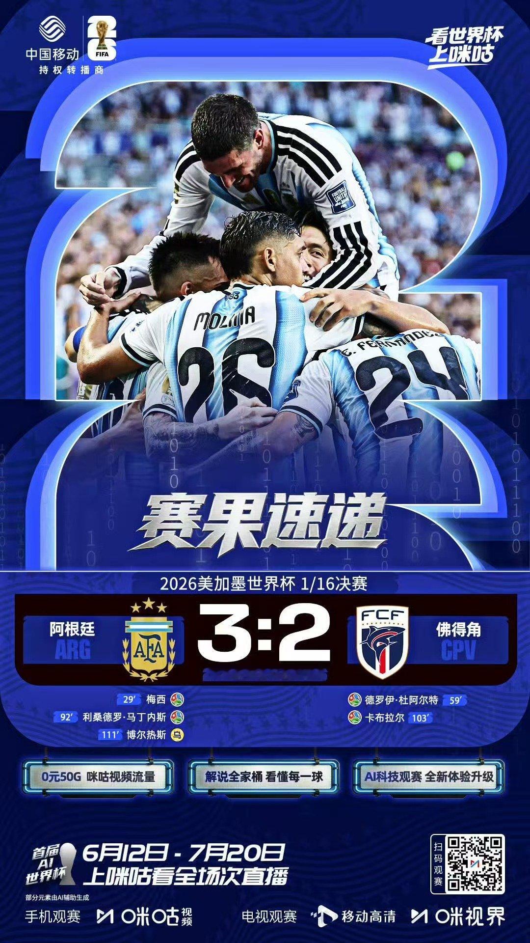 阿根廷vs佛得角阿根廷加时3-2险胜晋级，梅西打进世界杯第20球，对手两度扳平十
