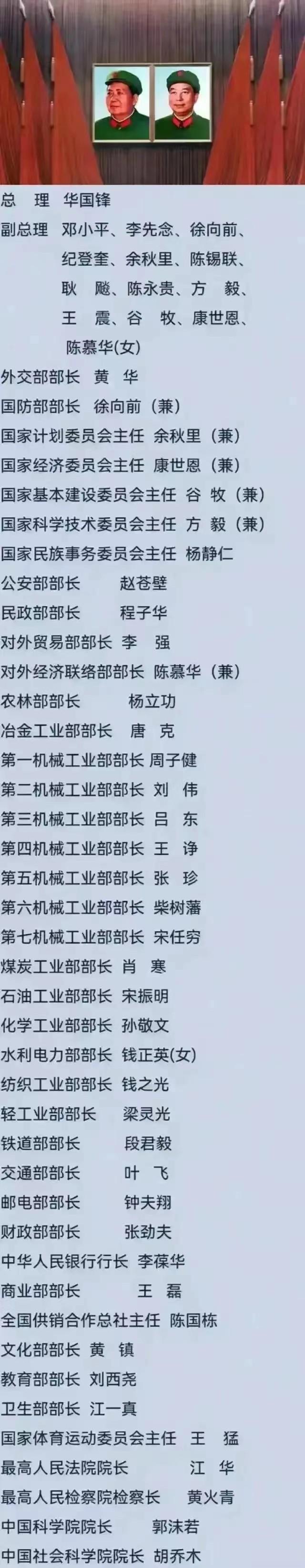 华国锋担任总理时的国务院人员配置一览。
邓小平担任第一副总理，徐向前元帅担任了副