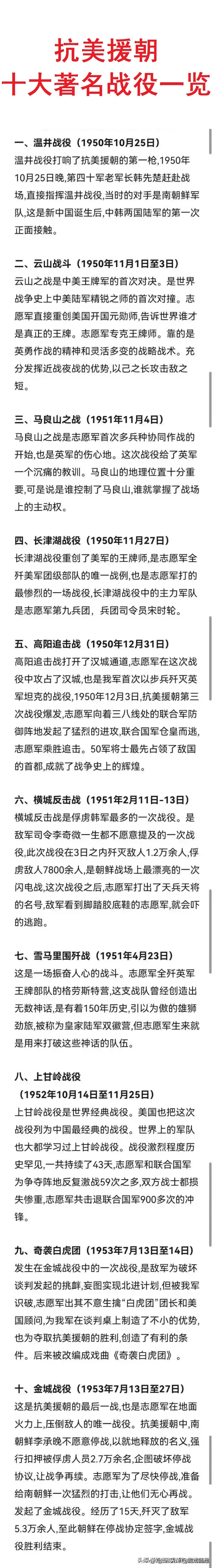 抗美援朝战争“十大著名战役”一览。
如果都被吴京拍成电影，你会去支持吗？
按照时