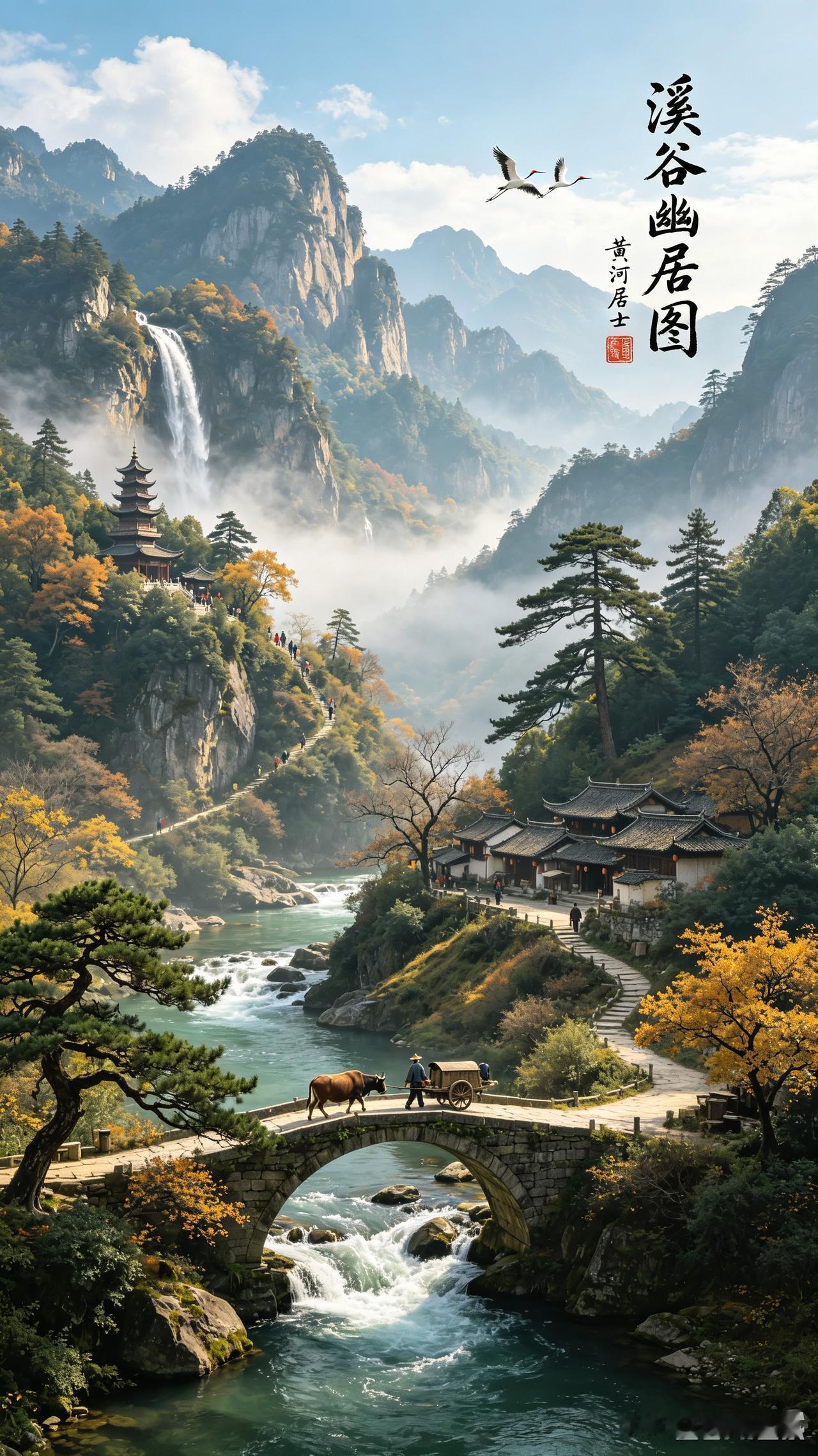 溪谷幽居图，古风山水画，宁静祥和，人间仙境