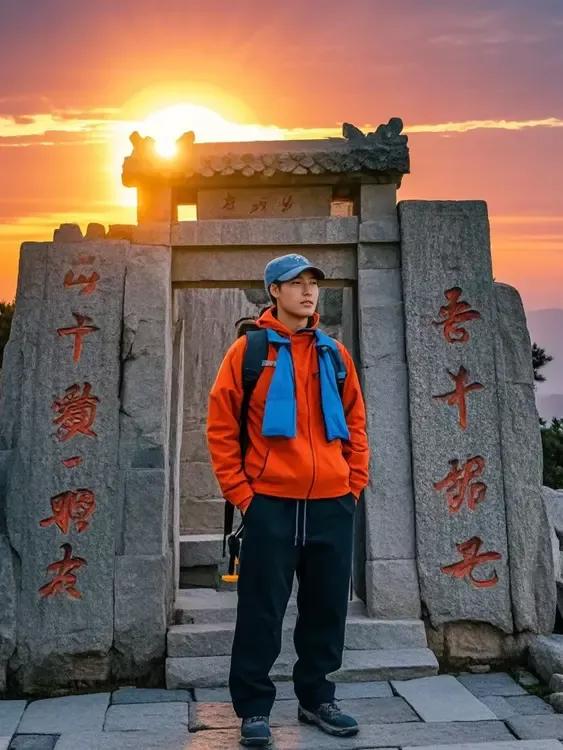 当太阳在泰山中天门开始西下，天空像是被点燃，那色彩从明亮到深沉，映射在登山者的脸