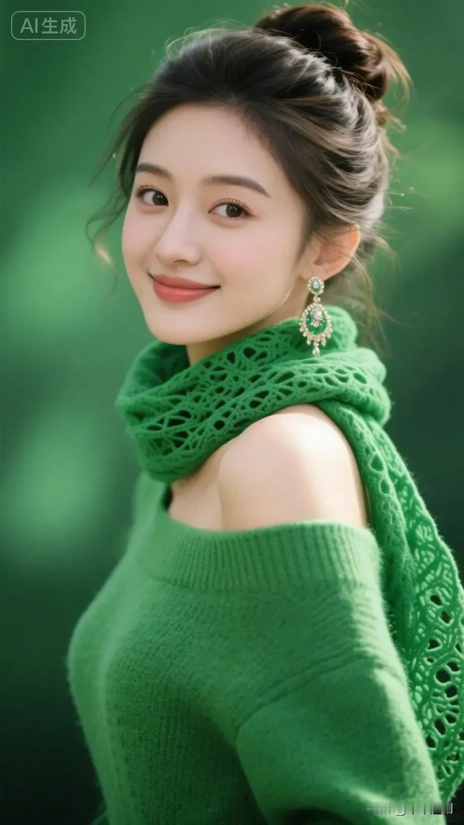 绿意漫过衣衫，
发丝挽成温柔的团，
镂空围巾轻绕颈间。
笑意漫过眉眼，
连风都染