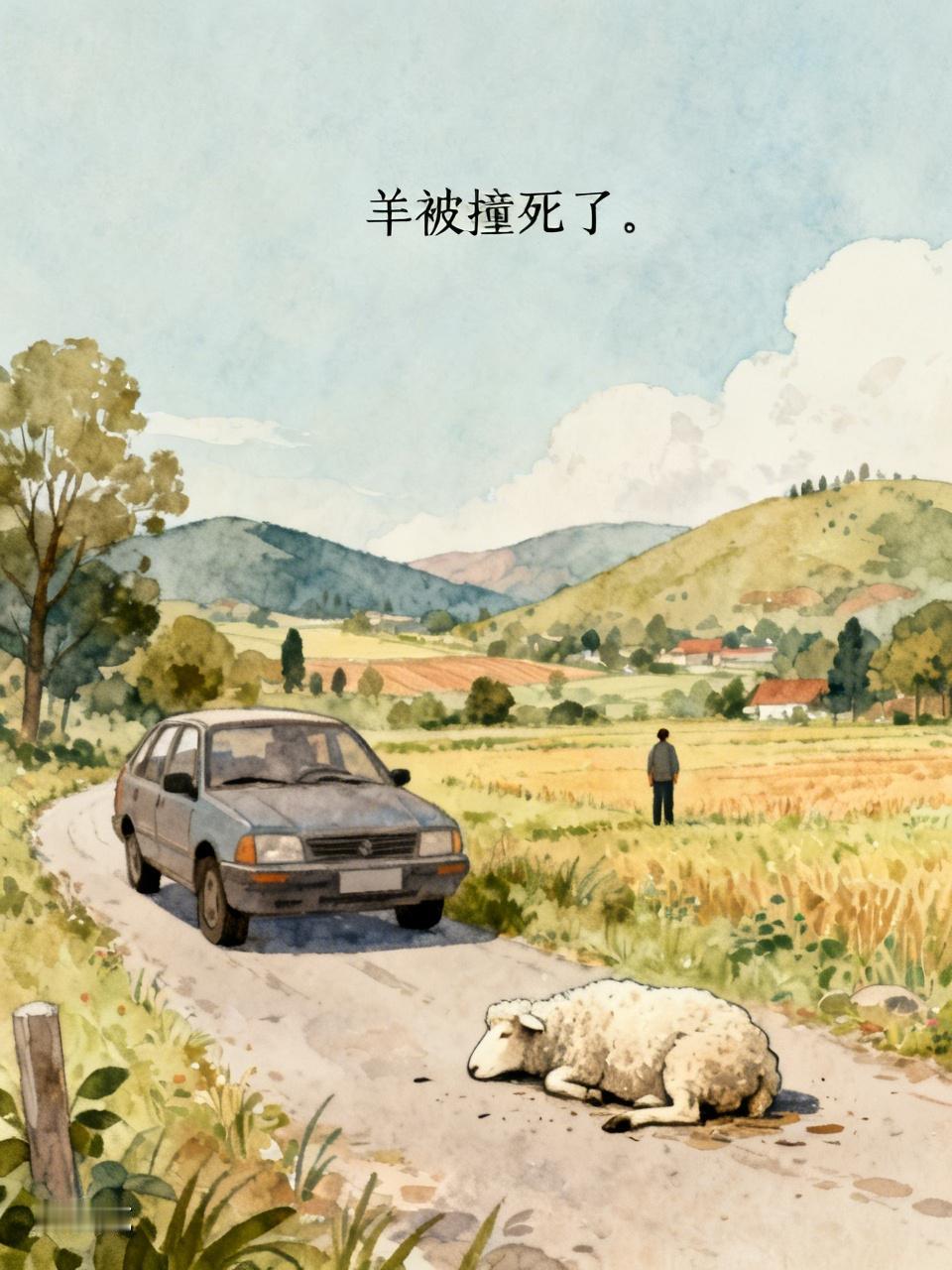 羊被撞死了。
老李开车出差，半路撞死一只羊。羊主人愤怒，要求赔偿一千二百元。为了
