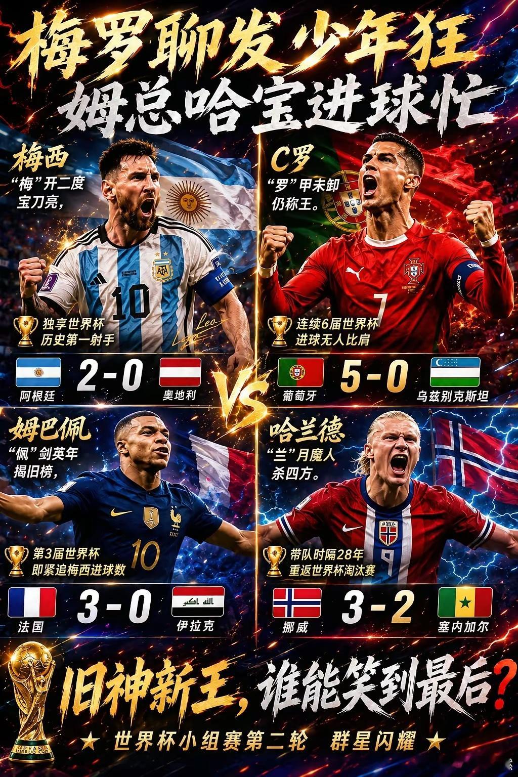 四大球星齐发威！只有凯恩吃到了压力梅西2场5球，姆巴佩哈兰德两场4球，C罗梅开二