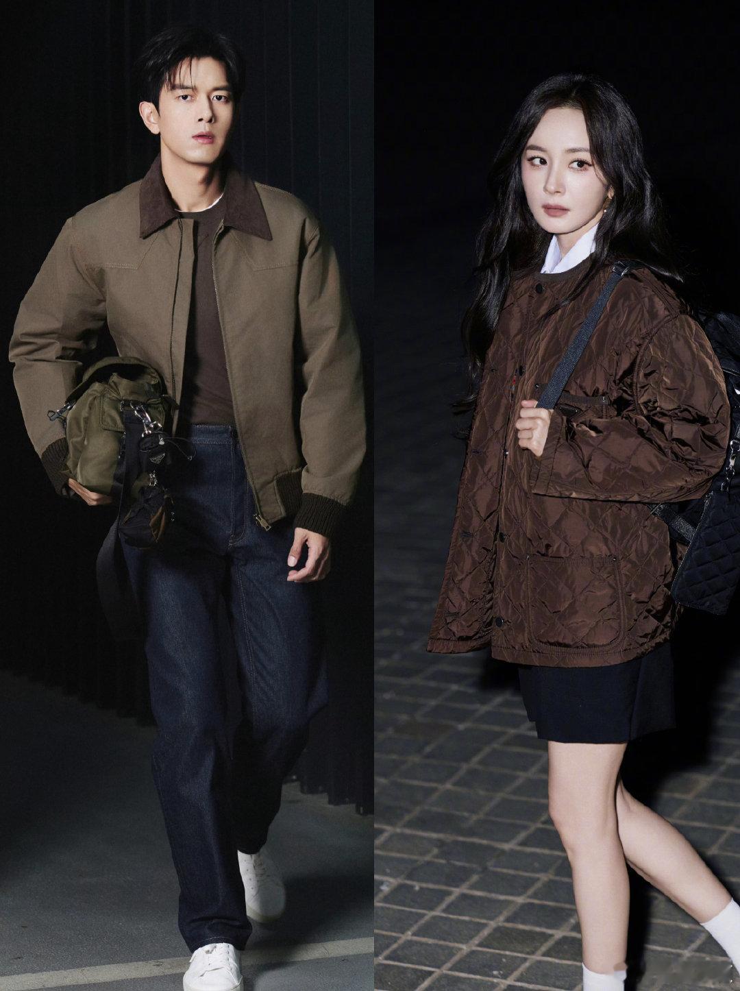 双人出发造型释出，美拉德秋日穿搭氛围感十足杨幂李现Prada看秀出发图 ​​​