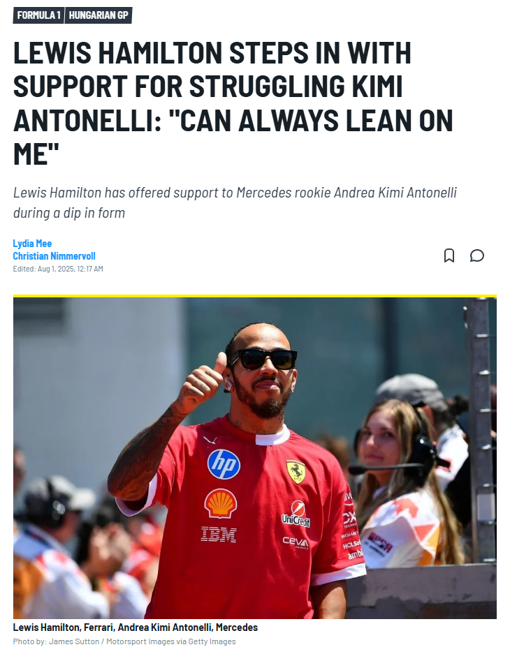 汉密尔顿公开表达了对于安东内利的支持，汉密尔顿透露他已经跟安东内利说：如有任何需