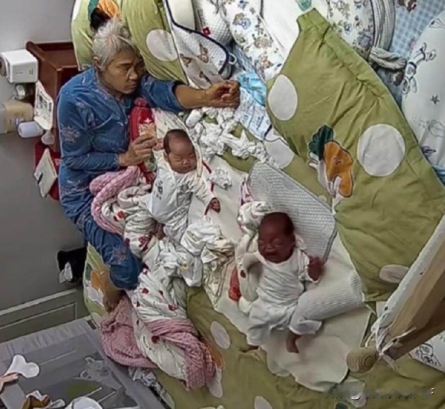 女子生了三胞胎，她带一个婆婆带两个，孩子哭了两小时还不睡，深更半夜又这么大年纪，