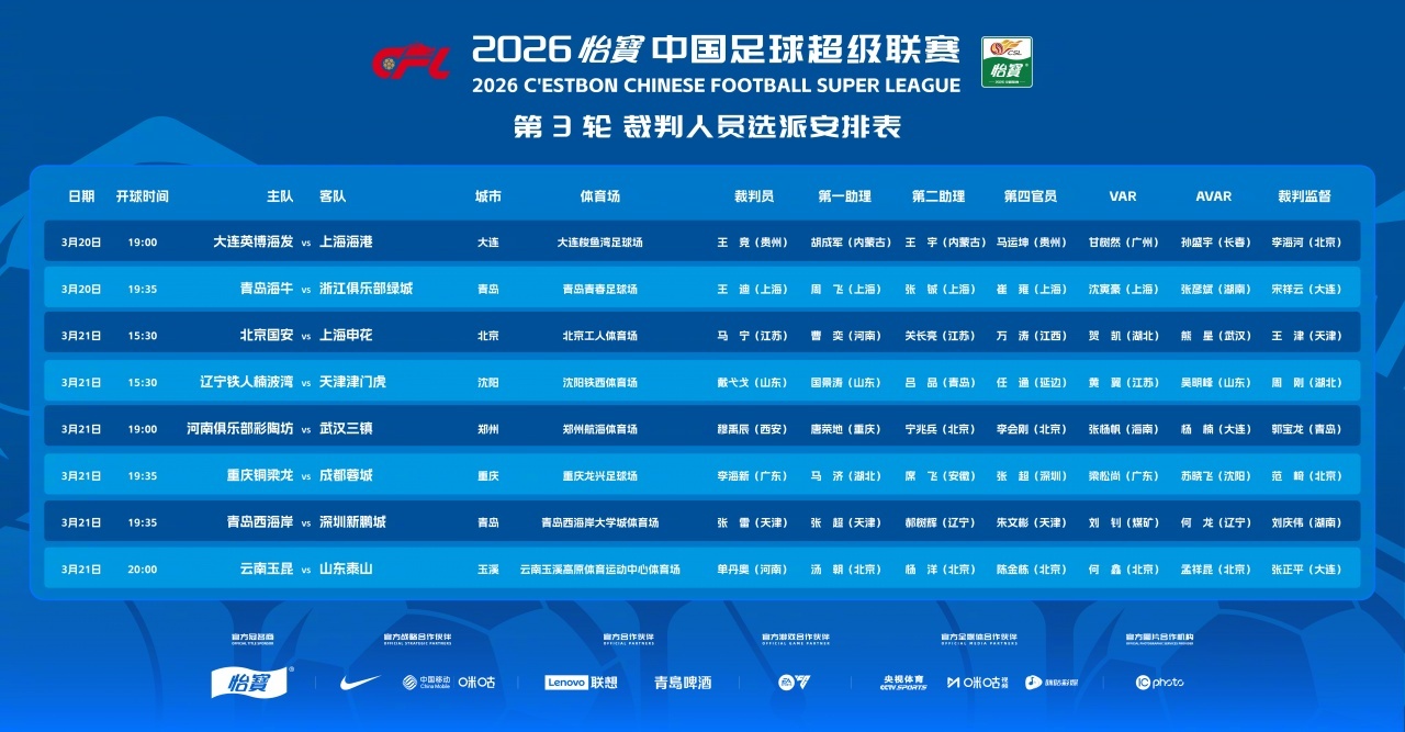 #马宁主哨北京国安对阵上海申花#足协官方公布第3轮中超裁判安排，马宁任焦点战国安