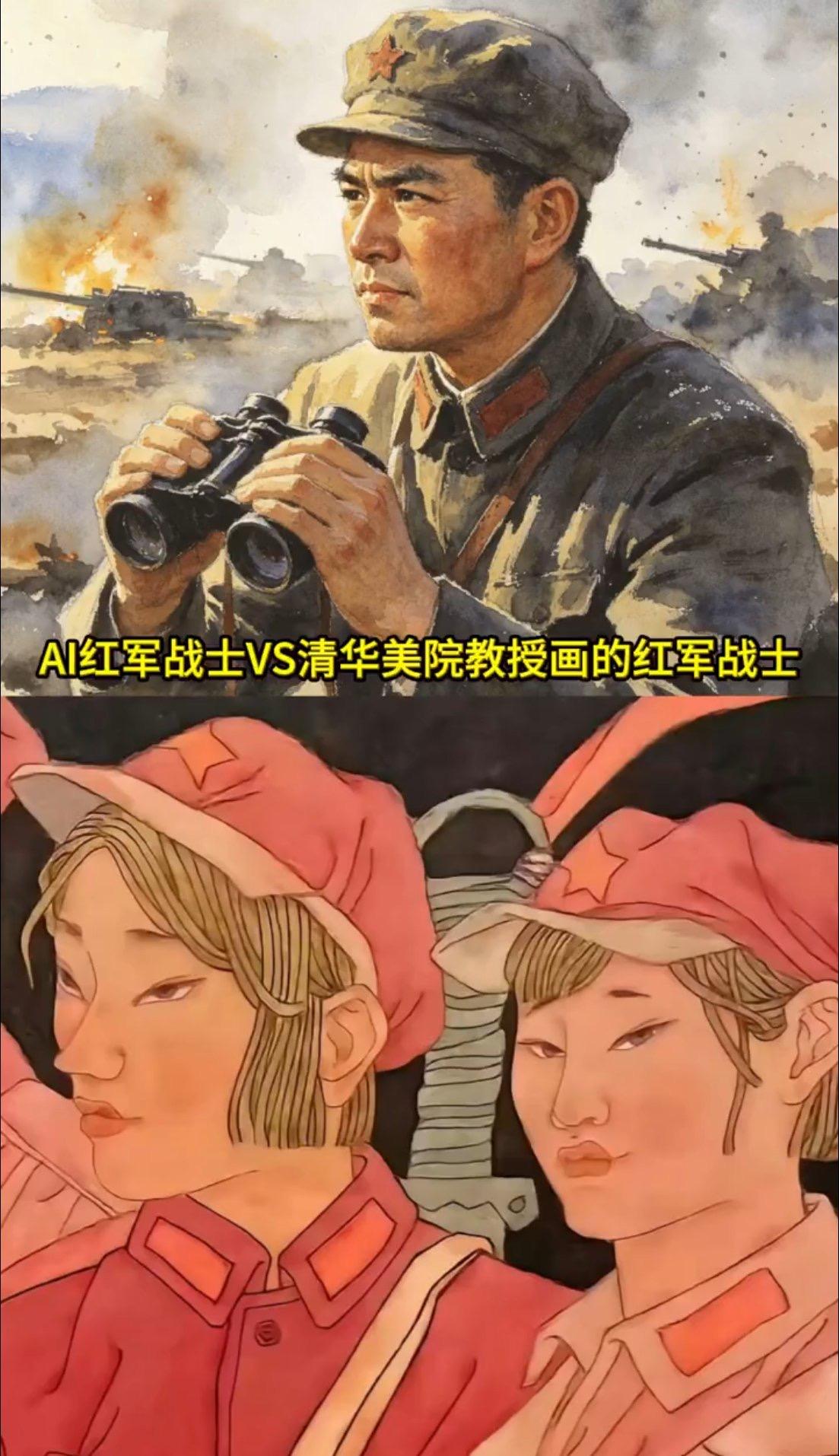 AI红军战士 VS 清华美院教授画的红军战士！
 
毒教材的事儿好像也没几年，这