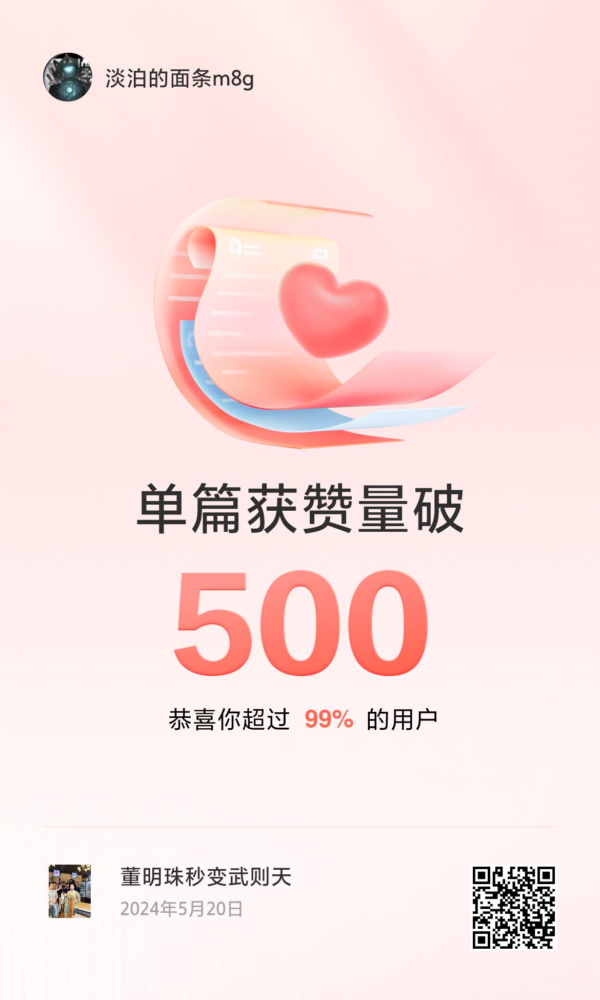 🔥我创作的单篇内容获得超过500赞了！