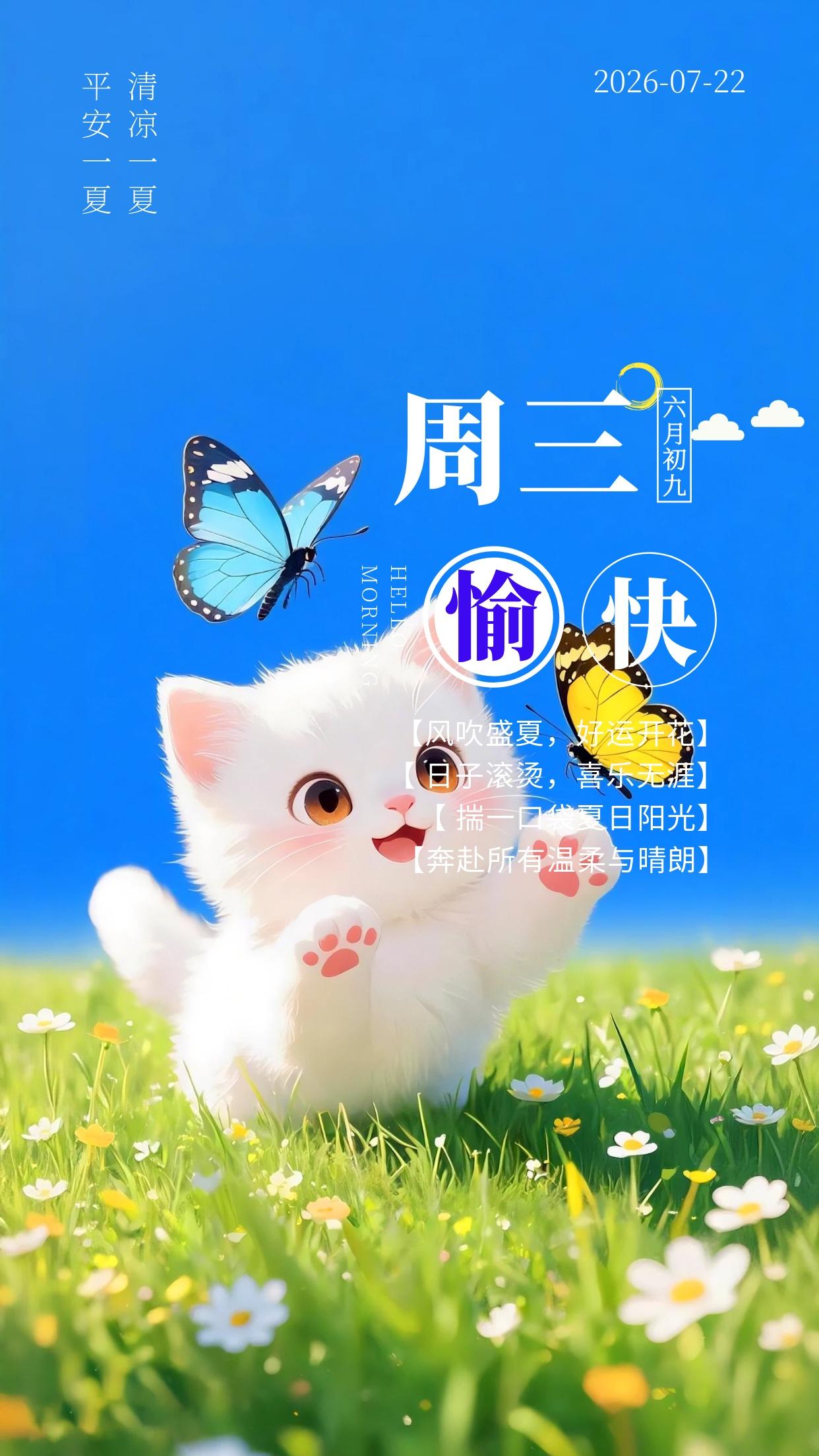 周三清晨，送上诚挚问候🍃。7月盛夏，暑意渐浓，记得多多饮水，劳逸结合。生活没有