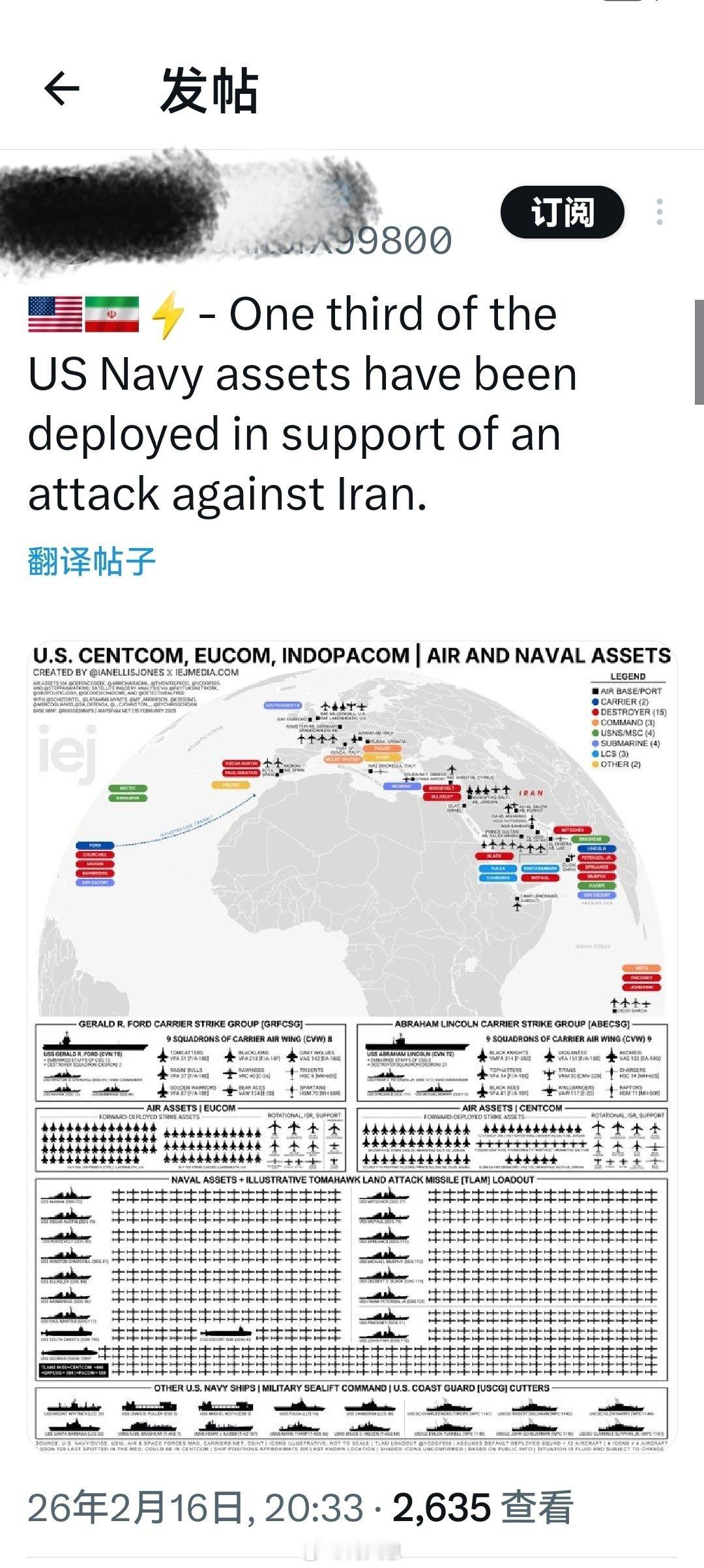 据最新消息报道：美国海军三分之一的兵力已被派遣到中东，以支援对伊朗的大规模攻击行