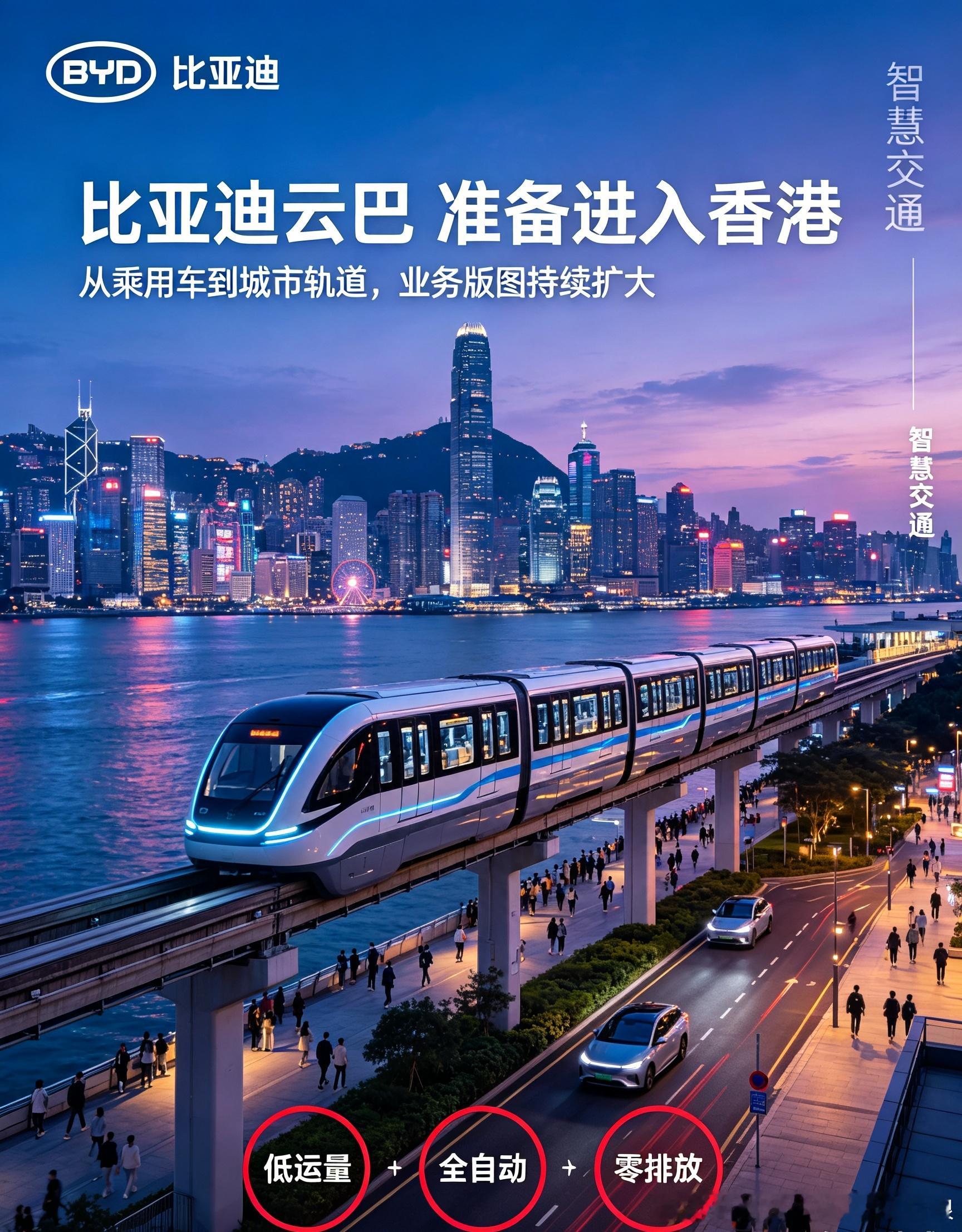 比亚迪在香港成立智慧交通公司！准备把云巴引进香港全自动无人驾驶高架胶轮轨道，瞄准