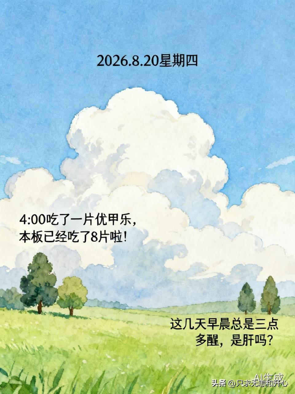 2026.8.20星期四
（4：00吃了一片优甲乐，本板已经吃了8片啦！）
这几