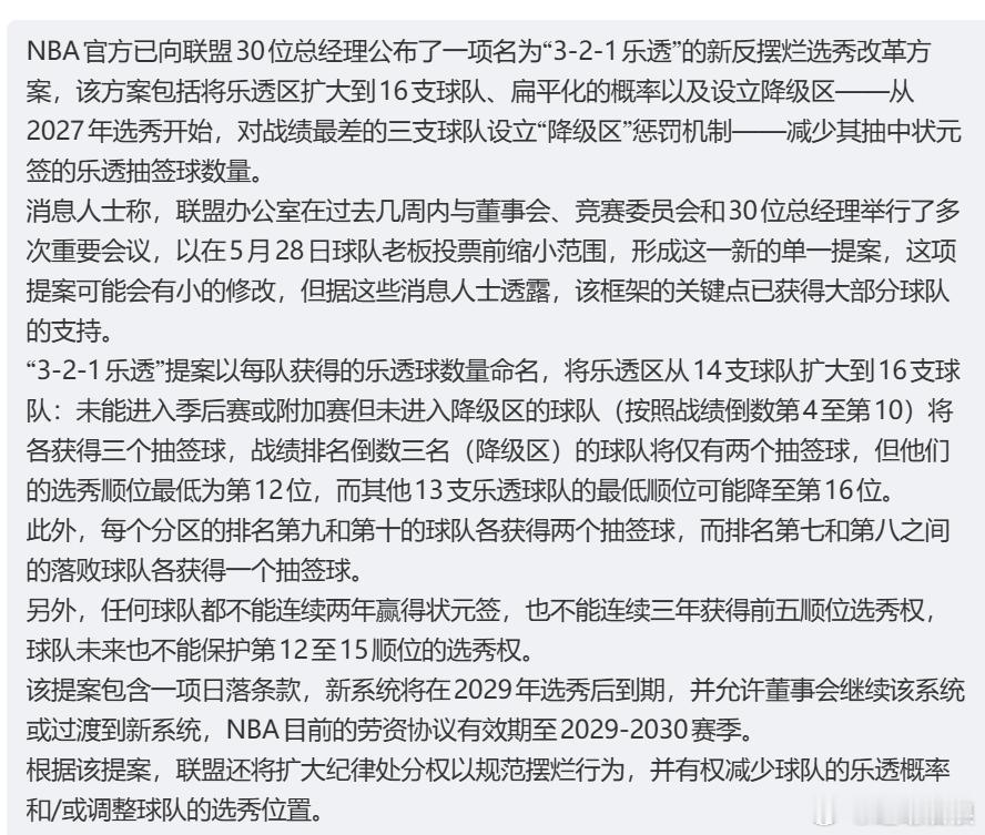 NBA公布3-2-1乐透改革方案 设降级区&倒数3名受罚!其实还是联盟说了算，老
