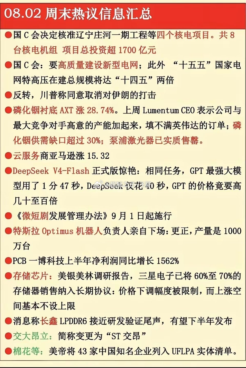 周末多条热点消息覆盖核电、特高压、磷化铟、AI大模型、存储芯片、机器人等多个赛道