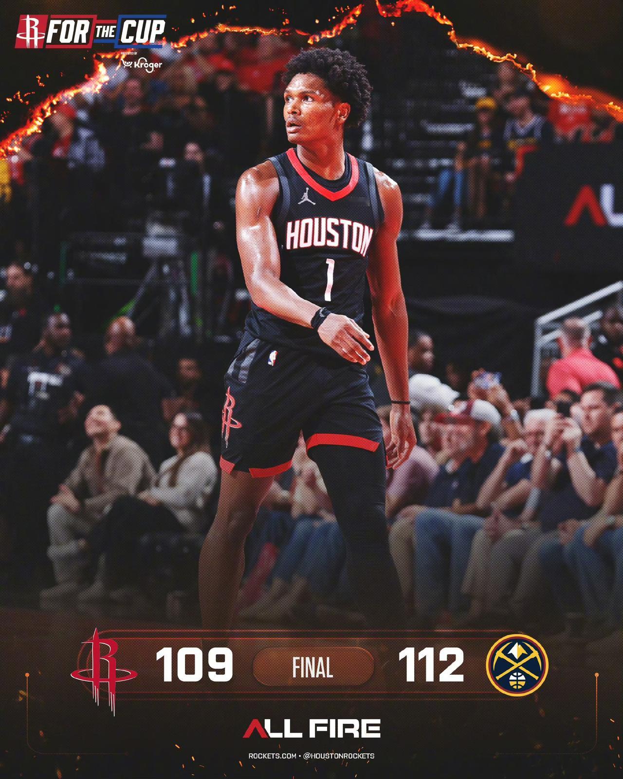 全场结束最终火箭109:112不敌掘金止步连胜。
火箭本场并不是彻底完败，主将们